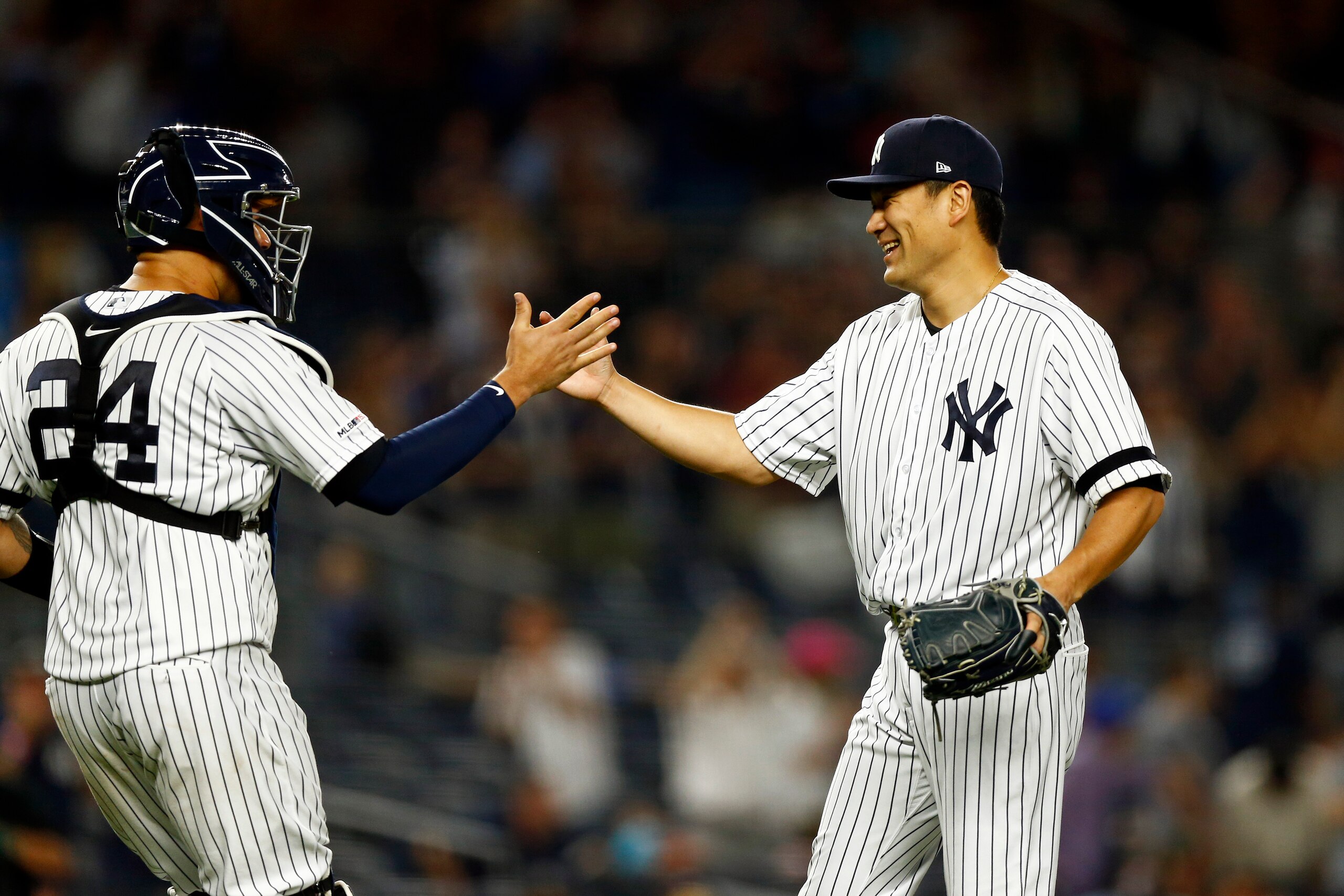 NEW YORK, NY - JUNE 17: Masahiro Tanaka #19 of the New York Yankees reats after a complete game shut out against the Tampa Bay Rays during the ninth inning at Yankee Stadium on June 17, 2019 in the Bronx borough of New York City. (Photo by Adam Hunger/Get