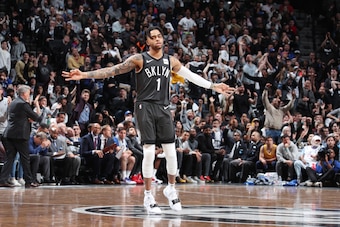 BROOKLYN, NY - APRIL 20: D'Angelo Russell #1 of the Brooklyn Nets reacts against the Philadelphia 76ers during Game Four of Round One of the 2019 NBA Playoffs on April 20, 2019 at Barclays Center in Brooklyn, New York. NOTE TO USER: User expressly acknowl