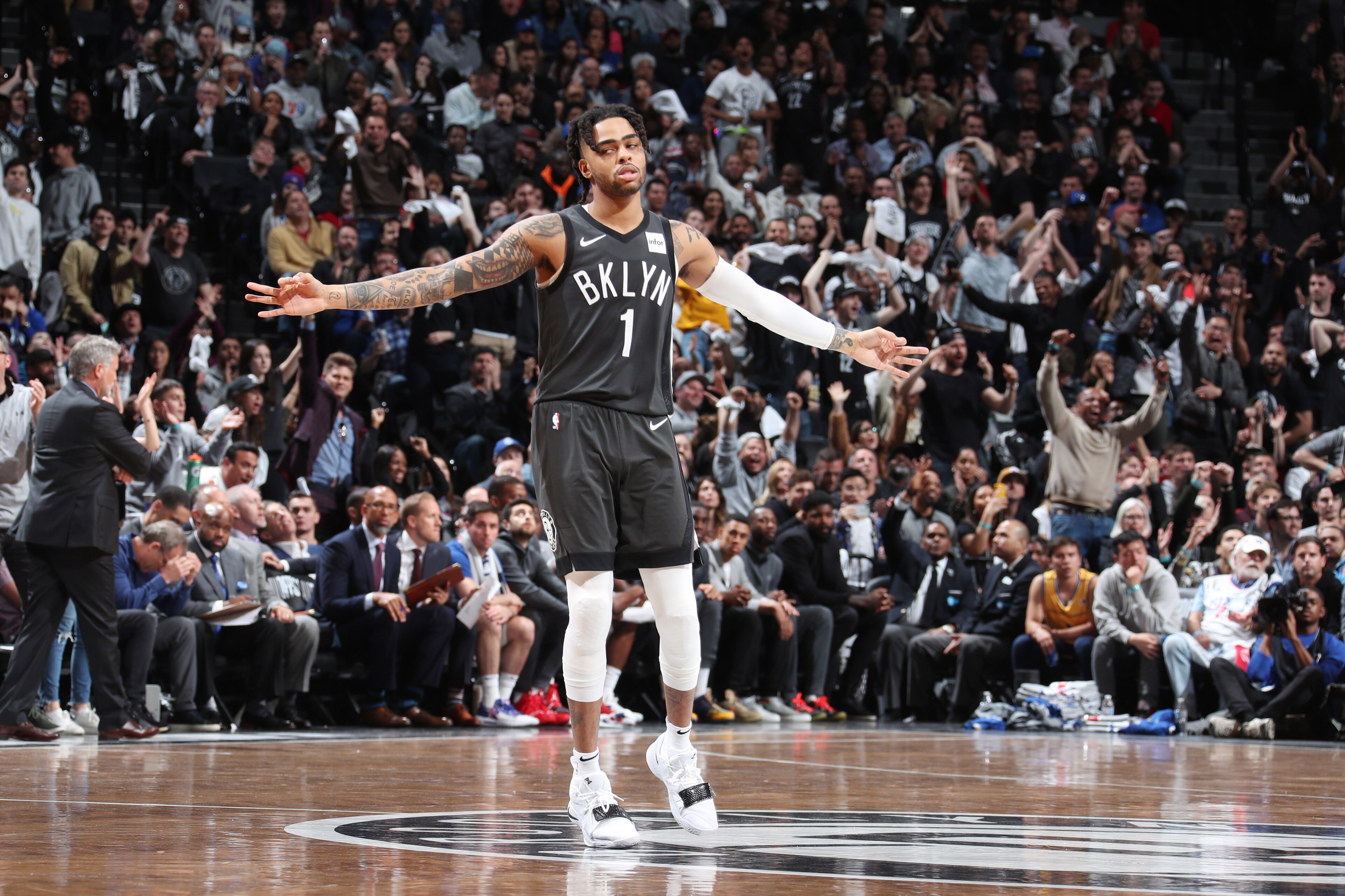 BROOKLYN, NY - APRIL 20: D'Angelo Russell #1 of the Brooklyn Nets reacts against the Philadelphia 76ers during Game Four of Round One of the 2019 NBA Playoffs on April 20, 2019 at Barclays Center in Brooklyn, New York. NOTE TO USER: User expressly acknowl BROOKLYN, NY - APRIL 20: D'Angelo Russell #1 of the Brooklyn Nets reacts against the Philadelphia 76ers during Game Four of Round One of the 2019 NBA Playoffs on April 20, 2019 at Barclays Center in Brooklyn, New York. NOTE TO USER: User expressly acknowl