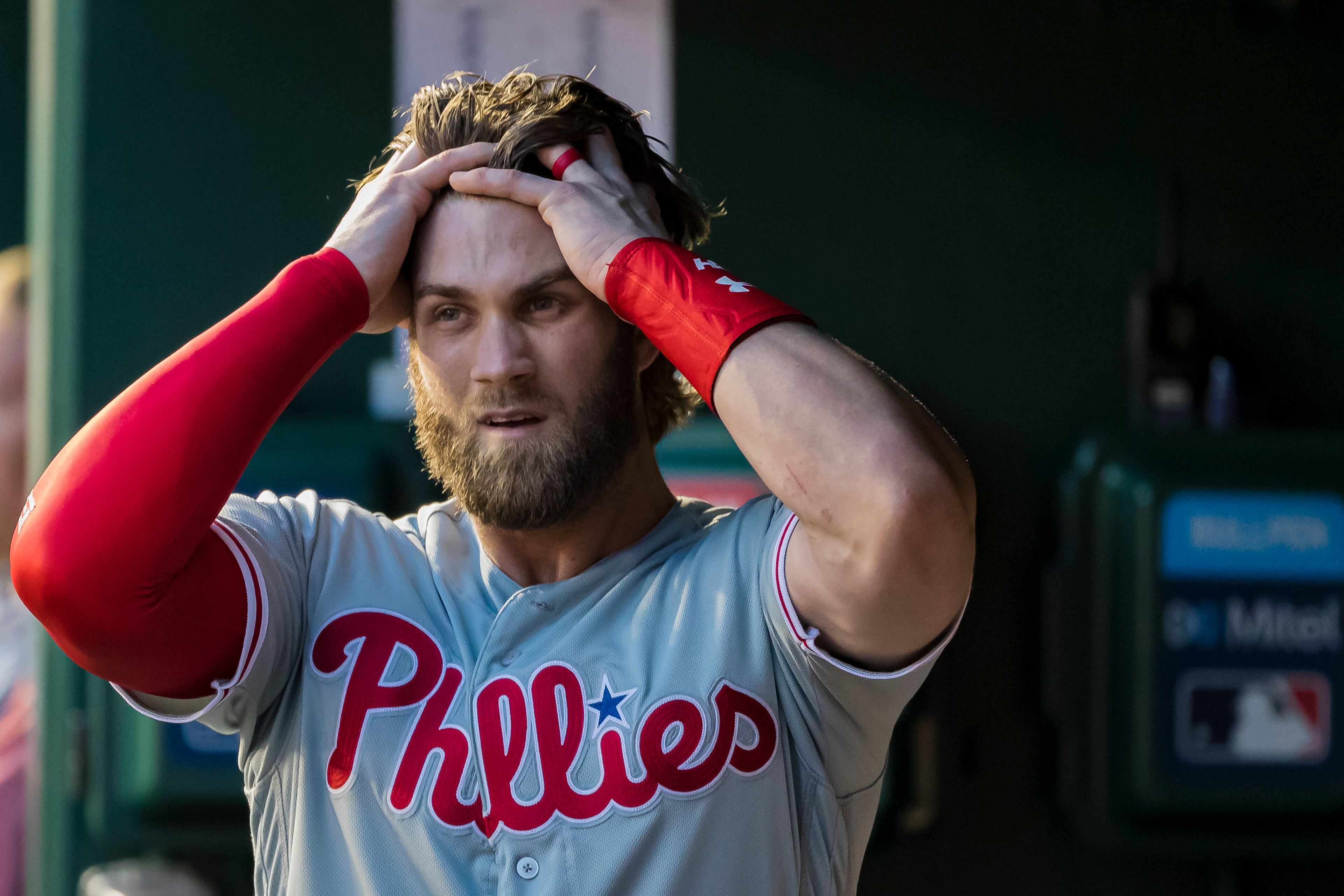 WASHINGTON, DC - JUNE 20: Bryce Harper #3 of the Philadelphia Phillies reacts in the dugout against the Washington Nationals during the third inning at Nationals Park on June 20, 2019 in Washington, DC. (Photo by Scott Taetsch/Getty Images) WASHINGTON, DC - JUNE 20: Bryce Harper #3 of the Philadelphia Phillies reacts in the dugout against the Washington Nationals during the third inning at Nationals Park on June 20, 2019 in Washington, DC. (Photo by Scott Taetsch/Getty Images)