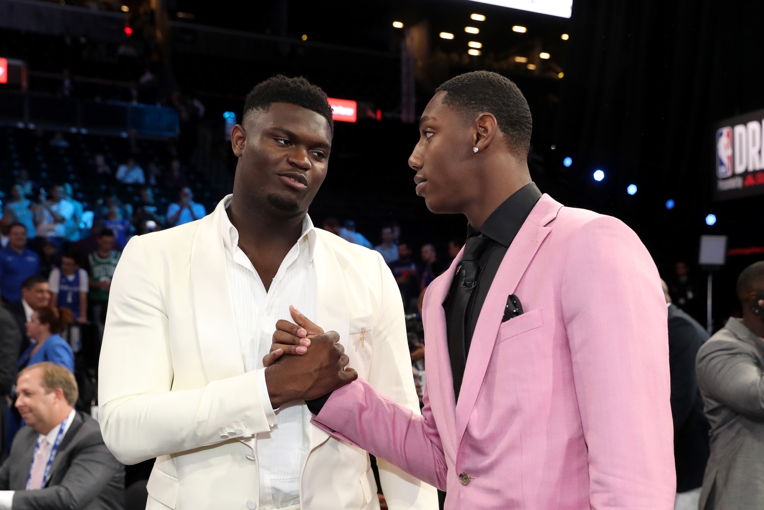 BROOKLYN, NY - JUNE 20: Zion Williamson and RJ Barrett shake hands before the 2019 NBA Draft on June 20, 2019 at the Barclays Center in Brooklyn, New York. NOTE TO USER: User expressly acknowledges and agrees that, by downloading and/or using this photogr