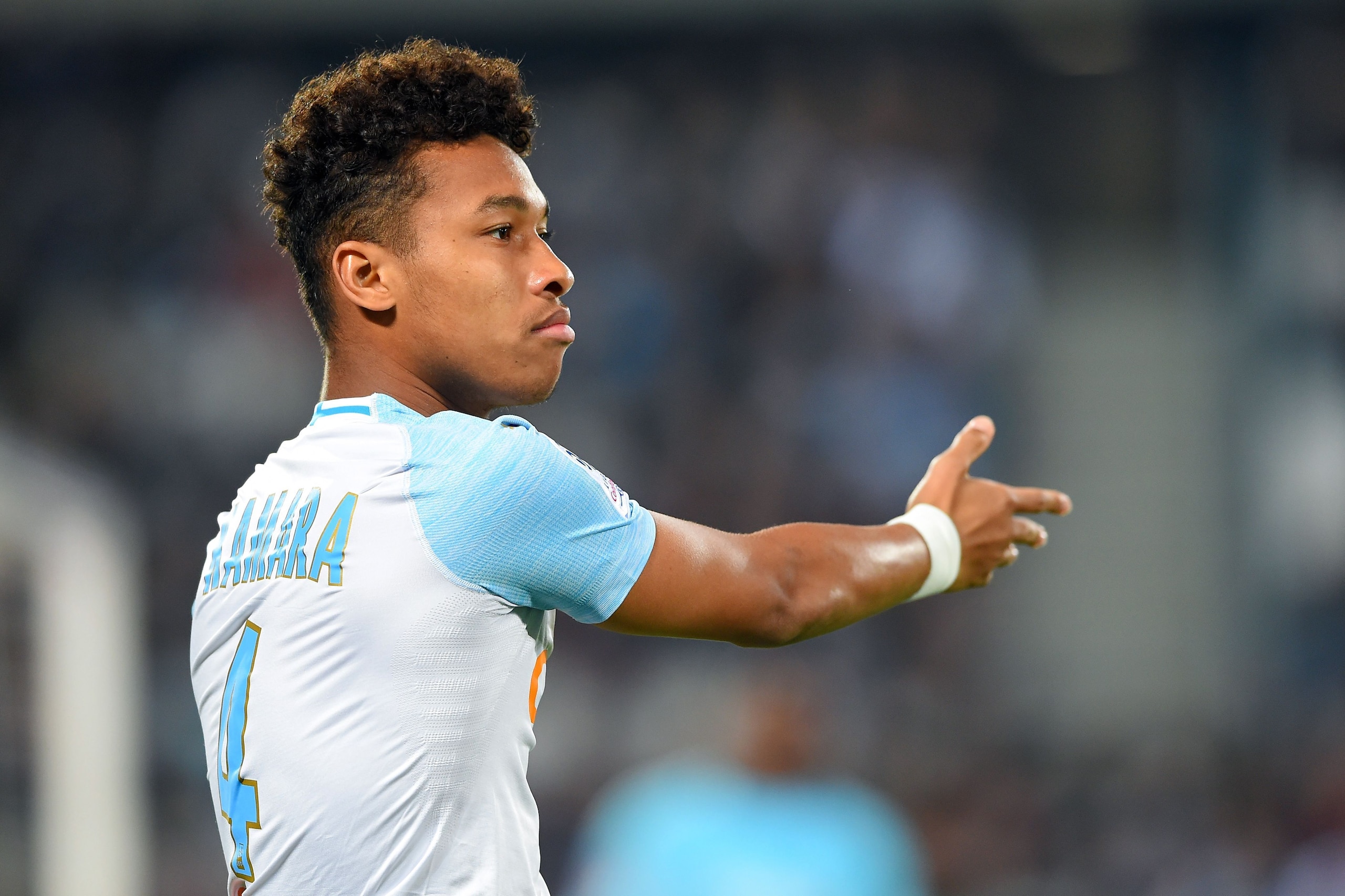 Marseille's French defender Boubacar Kamara gestures during the French L1 football match between Bordeaux (FCGB) and Marseille (OM) on April 5, 2019 at the Matmut Atlantique stadium in Bordeaux, southwestern France. (Photo by NICOLAS TUCAT / AFP)        (