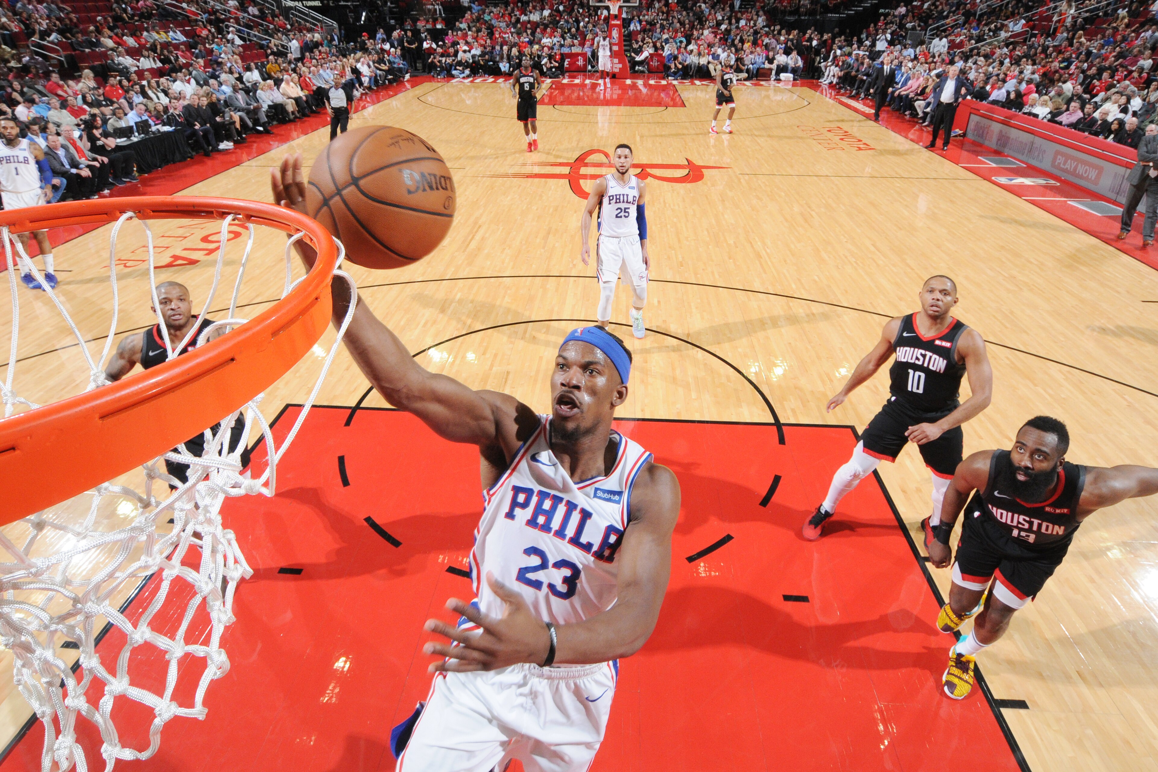 HOUSTON, TX - MARCH 8 :  Jimmy Butler #23 of the Philadelphia 76ers shoots the ball against the Houston Rockets on March 8, 2019 at the Toyota Center in Houston, Texas. NOTE TO USER: User expressly acknowledges and agrees that, by downloading and or using