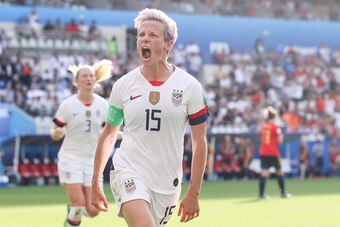 REIMS, FRANCE - JUNE 24: #15 Megan Rapinoe of USA celebrates her the second goal by penalty during the 2019 FIFA Women's World Cup France Round Of 16 match between Spain and USA at Stade Auguste Delaune on June 24, 2019 in Reims, France. (Photo by Zhizhao