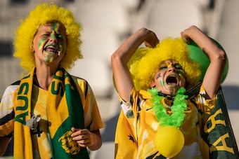 GRENOBLE, FRANCE - JUNE 18: Fans of Australia during the 2019 FIFA Women's World Cup France group C match between Jamaica and Australia at Stade des Alpes on June 18, 2019 in Grenoble, France. (Photo by Maja Hitij/Getty Images)