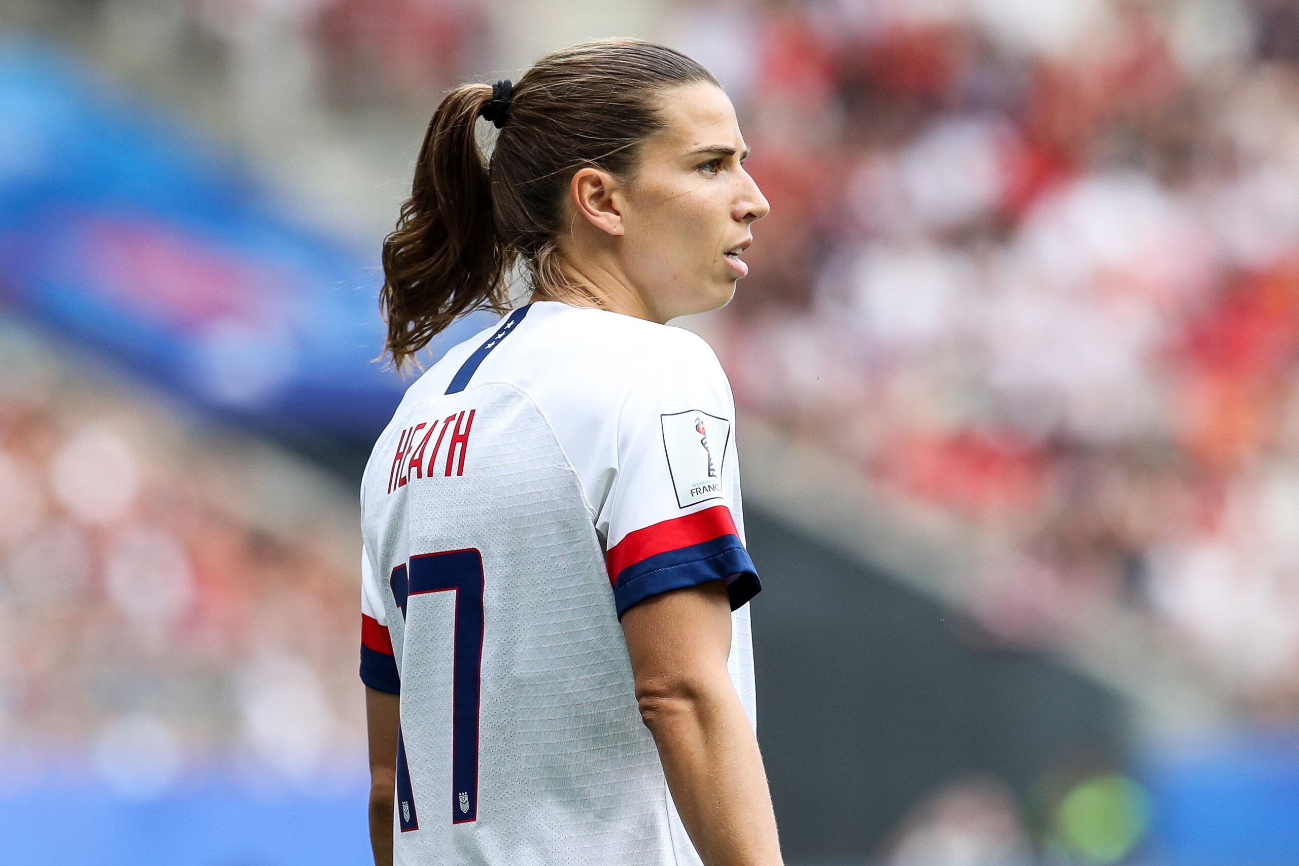REIMS, FRANCE - JUNE 24: #17 Tobin Heath of USA in action during the 2019 FIFA Women's World Cup France Round Of 16 match between Spain and USA at Stade Auguste Delaune on June 24, 2019 in Reims, France. (Photo by Zhizhao Wu/Getty Images)