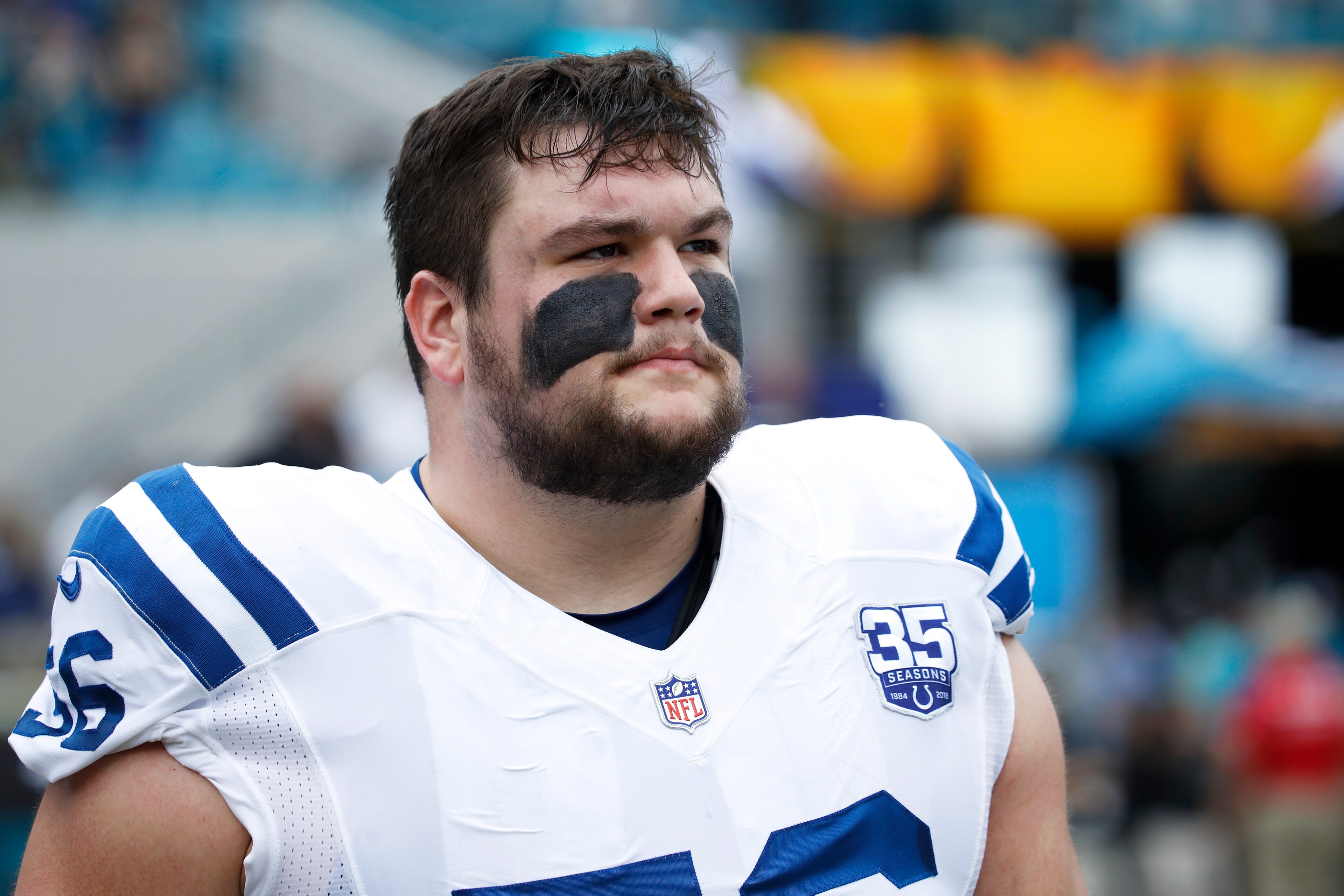 JACKSONVILLE, FL - DECEMBER 02: Quenton Nelson #56 of the Indianapolis Colts looks on during the game against the Jacksonville Jaguars at TIAA Bank Field on December 2, 2018 in Jacksonville, Florida. The Jaguars won 6-0. (Photo by Joe Robbins/Getty Images