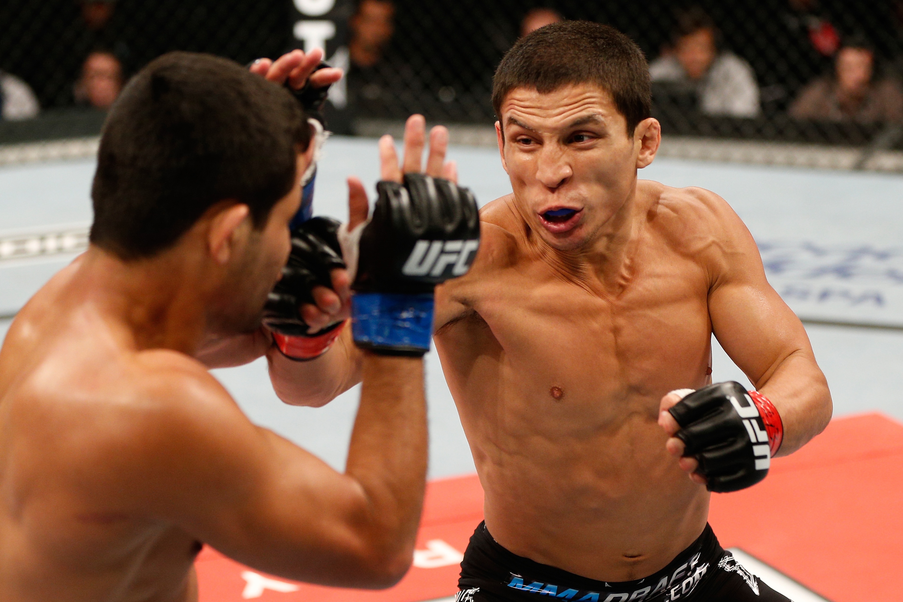 BELO HORIZONTE, BRAZIL - SEPTEMBER 04:  (R-L) Joseph Benavidez punches Jussier Formiga in the flyweight fight during the UFC on FOX Sports 1 event at Mineirinho Arena on September 4, 2013 in Belo Horizonte, Brazil. (Photo by Josh Hedges/Zuffa LLC/Zuffa LL