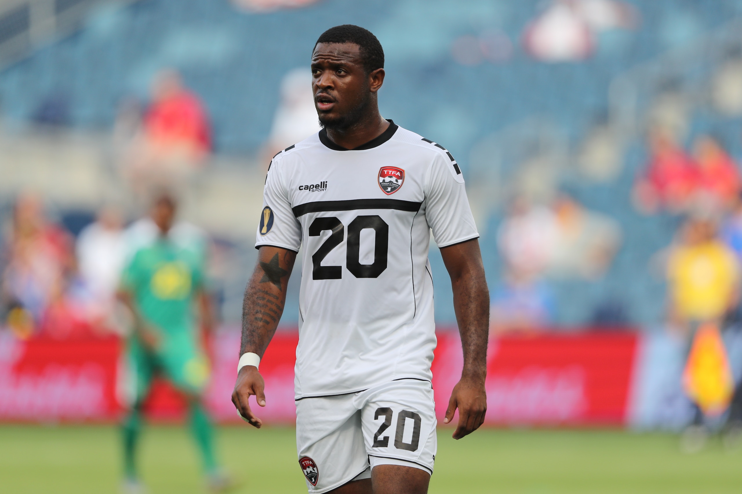 KANSAS CITY, KS - JUNE 26: Kevin Molino of Trinidad and Tobago during the Group D 2019 CONCACAF Gold Cup match between Trinidad & Tobago v Guyana at Children's Mercy Park on June 26, 2019 in Kansas City, Kansas. (Photo by Matthew Ashton - AMA/Getty Images
