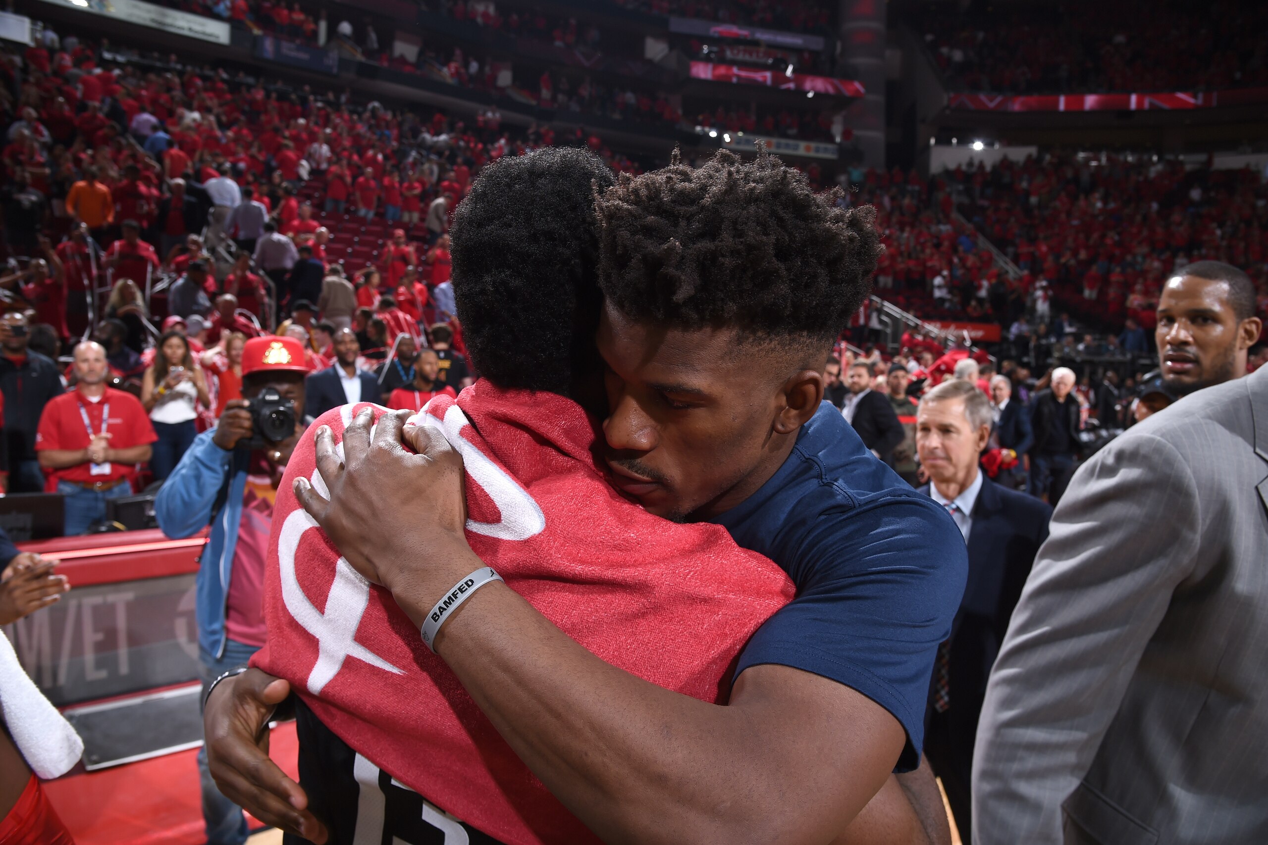 HOUSTON, TX - APRIL 25: James Harden #13 of the Houston Rockets and Jimmy Butler #23 of the Minnesota Timberwolves hug after Game Five of the Western Conference Quarterfinals during the 2018 NBA Playoffs on April 25, 2018 at the Toyota Center in Houston, HOUSTON, TX - APRIL 25: James Harden #13 of the Houston Rockets and Jimmy Butler #23 of the Minnesota Timberwolves hug after Game Five of the Western Conference Quarterfinals during the 2018 NBA Playoffs on April 25, 2018 at the Toyota Center in Houston,