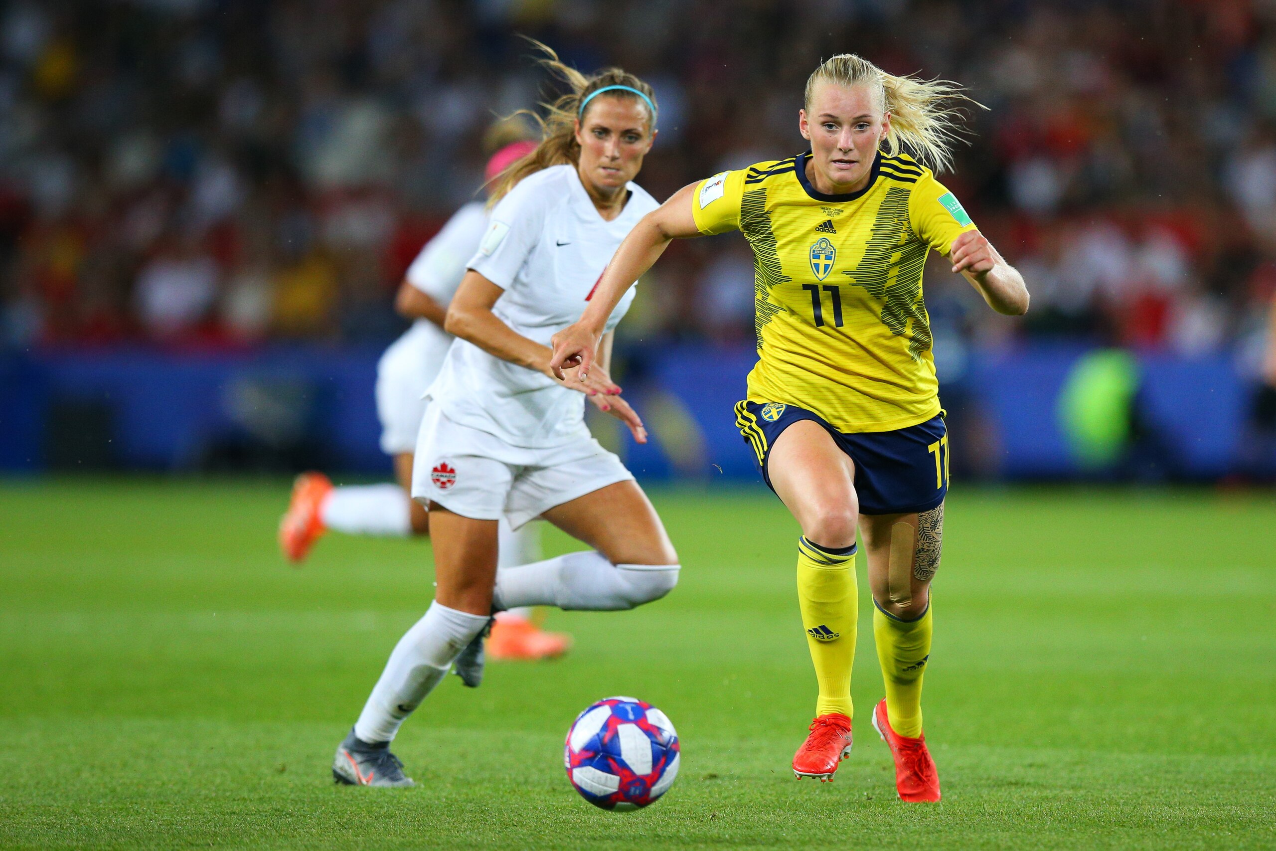 PARIS, FRANCE - JUNE 24: Stina Blackstenius of Sweden in action during the 2019 FIFA Women's World Cup France Round Of 16 match between Sweden and Canada at Parc des Princes on June 24, 2019 in Paris, France. (Photo by Craig Mercer/MB Media/Getty Images)