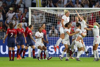 LE HAVRE, FRANCE - JUNE 27: Lucy Bronze of England celebrates scoring the third goal during the 2019 FIFA Women's World Cup France Quarter Final match between Norway and England at Stade Oceane on June 27, 2019 in Le Havre, France. (Photo by Richard Heath