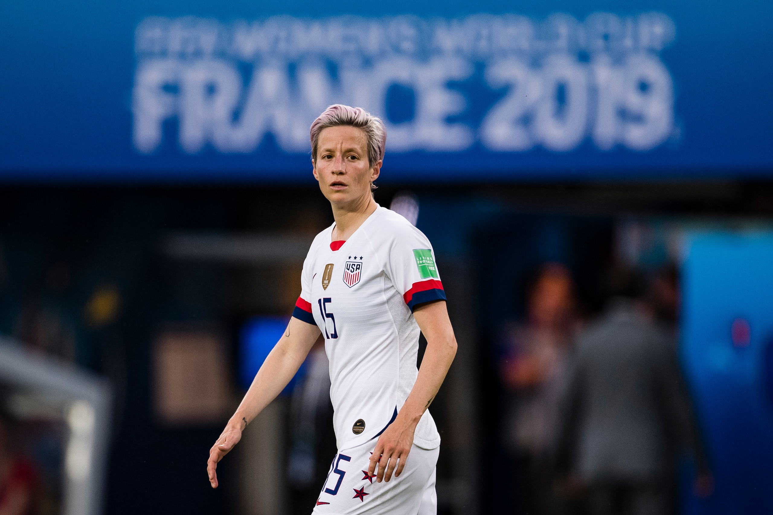 PARIS, FRANCE - JUNE 28: Megan Rapinoe of United States in action during the 2019 FIFA Women's World Cup France Quarter Final match between France and USA at Parc des Princes on June 28, 2019 in Paris, France. (Photo by Marcio Machado/Getty Images)