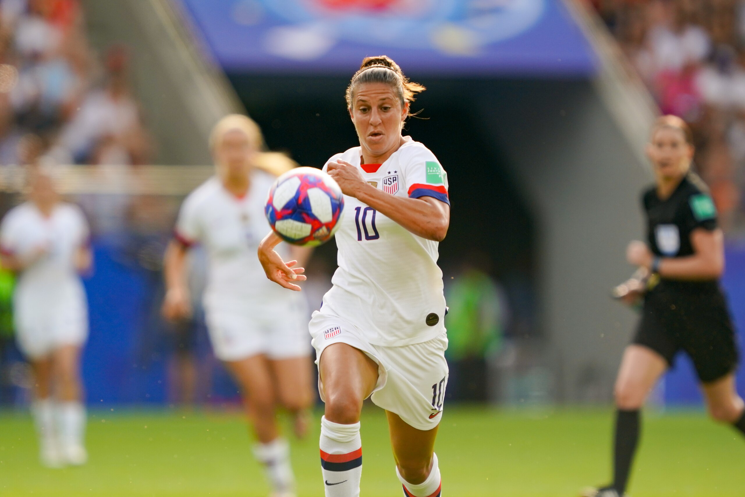 REIMS, FRANCE - JUNE 24: Carli Lloyd #10 of the United States runs during a 2019 FIFA Women's World Cup France Round of 16 match between Spain and the United States at Stade Auguste-Delaune on June 24, 2019 in Reims, France.  (Photo by John Todd/isiphotos