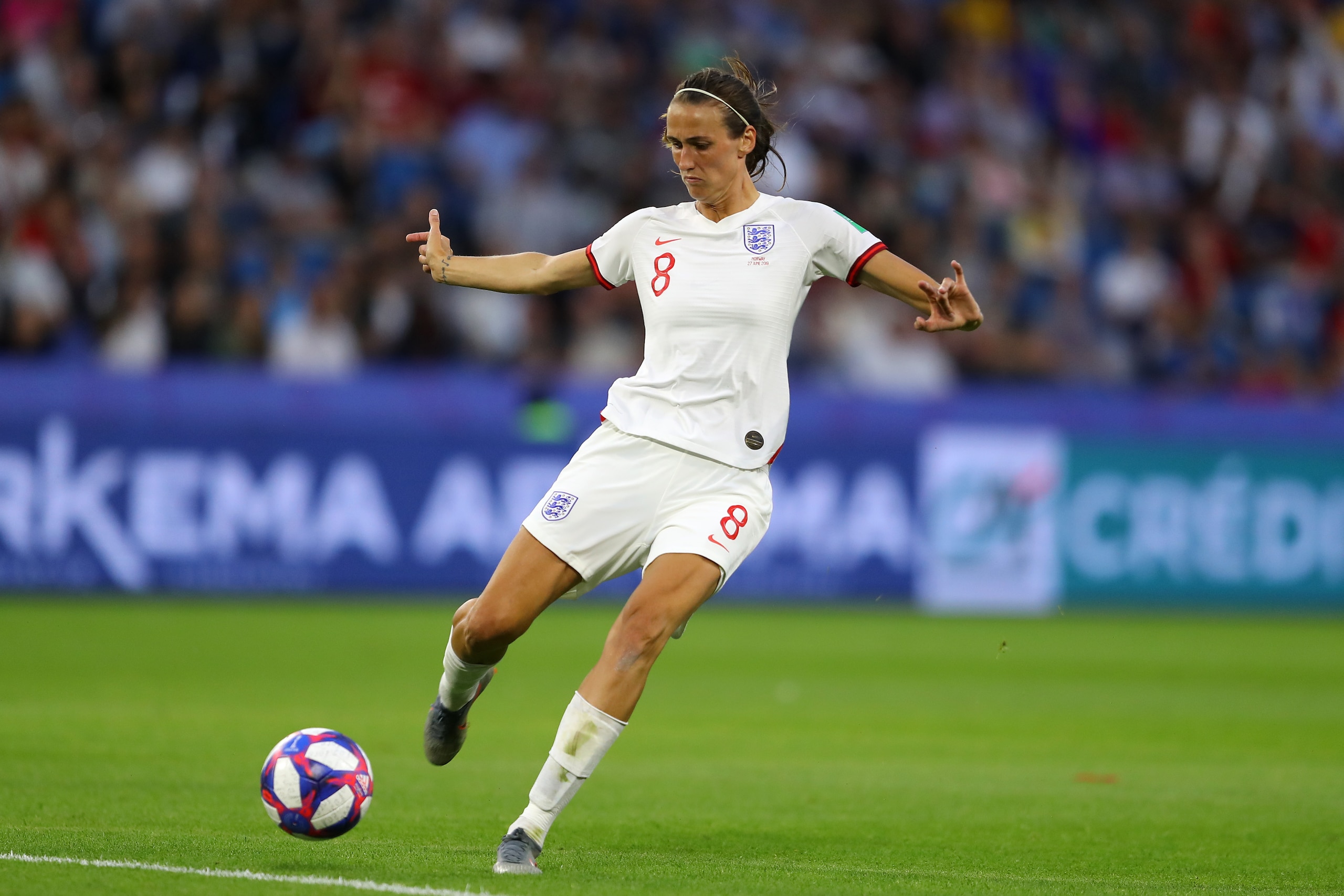 LE HAVRE, FRANCE - JUNE 27: Jill Scott of England in action during the 2019 FIFA Women's World Cup France Quarter Final match between Norway and England at Stade Oceane on June 27, 2019 in Le Havre, France. (Photo by Richard Heathcote/Getty Images)