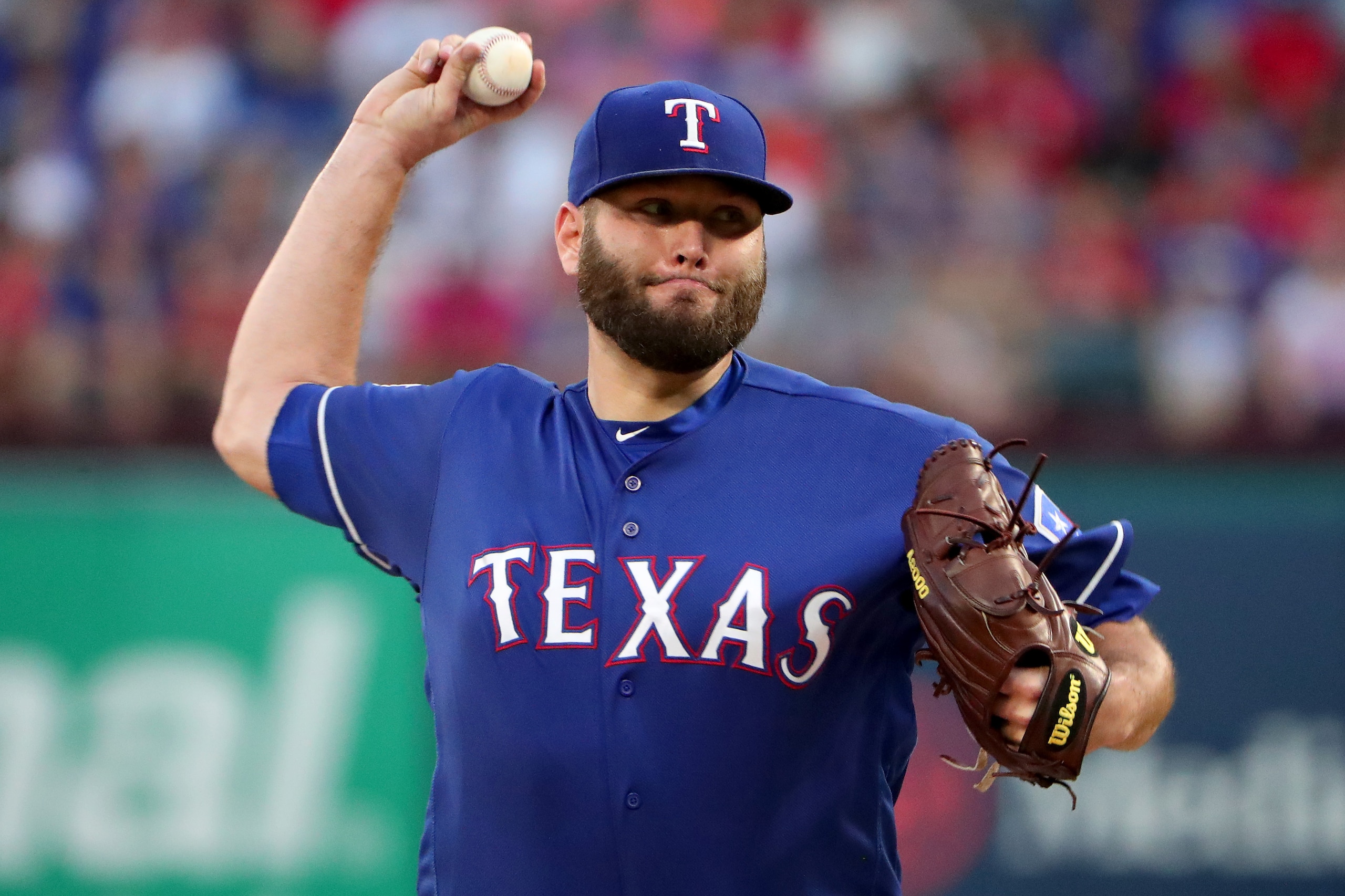 ARLINGTON, TEXAS - JUNE 22: Lance Lynn #35 of the Texas Rangers pitches against the Chicago White Sox in the top of the first inning at Globe Life Park in Arlington on June 22, 2019 in Arlington, Texas. (Photo by Tom Pennington/Getty Images)