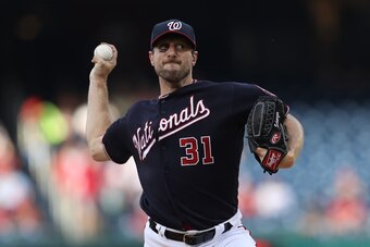 WASHINGTON, DC - JUNE 19: Starting pitcher Max Scherzer #31 of the Washington Nationals pitches against the Philadelphia Phillies in game two of a double header at Nationals Park on June 19, 2019 in Washington, DC. (Photo by Patrick Smith/Getty Images)