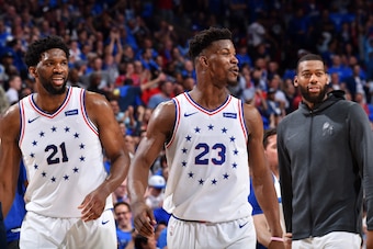 PHILADELPHIA, PA - MAY 2: Jimmy Butler #23 of the Philadelphia 76ers reacts during a game against the Toronto Raptors during Game Three of the Eastern Conference Semifinals on May 2, 2019 at the Wells Fargo Center in Philadelphia, Pennsylvania NOTE TO USE