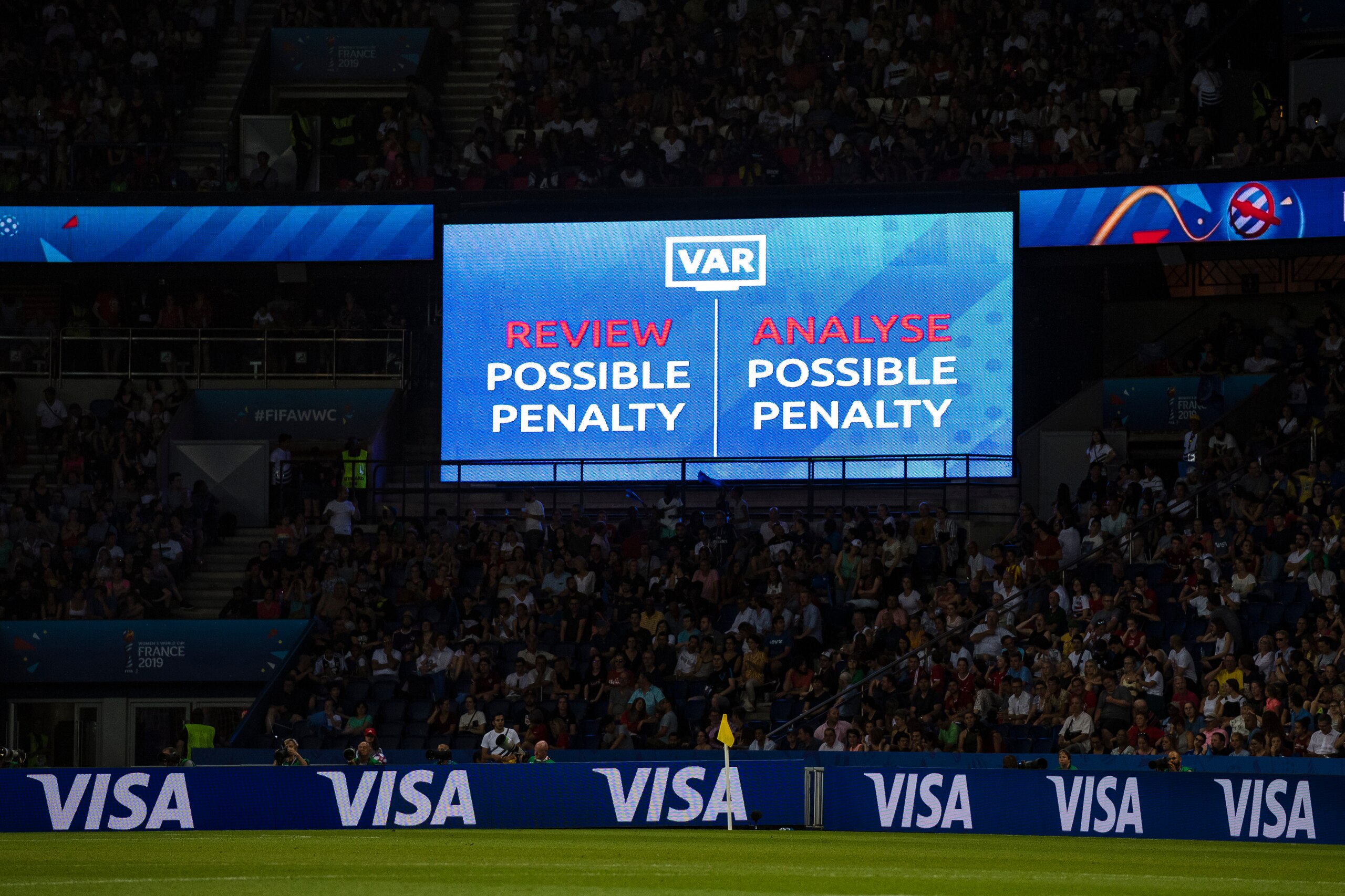 PARIS, FRANCE - JUNE 24: FIFA VAR Screen during the 2019 FIFA Women's World Cup France Round Of 16 match between Sweden and Canada at Parc des Princes on June 24, 2019 in Paris, France. (Photo by Marcio Machado/Getty Images)