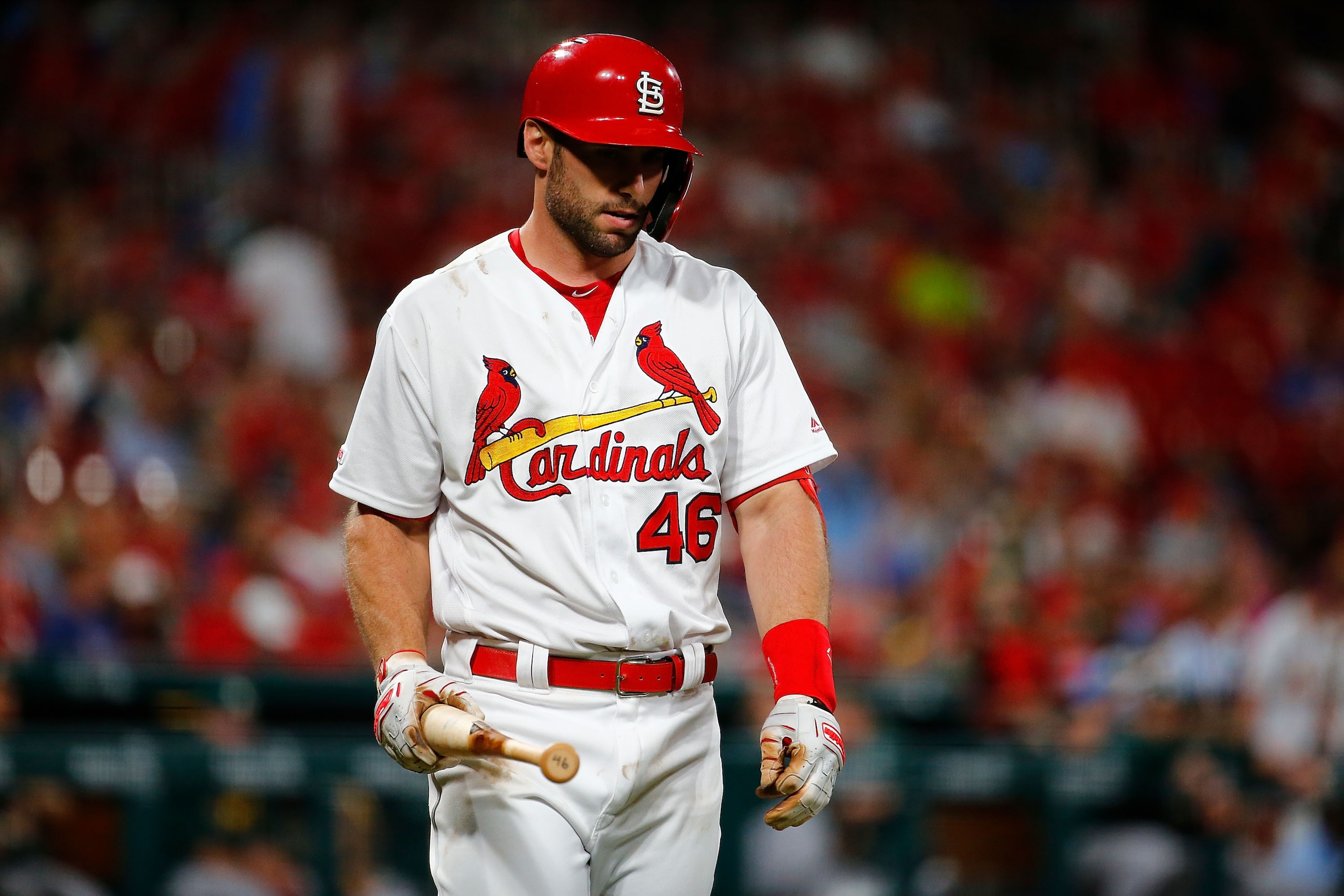 ST LOUIS, MO - JUNE 26: Paul Goldschmidt #46 of the St. Louis Cardinals returns to the dugout after striking out against the Oakland Athletics in the eighth inning at Busch Stadium on June 26, 2019 in St Louis, Missouri. (Photo by Dilip Vishwanat/Getty Im
