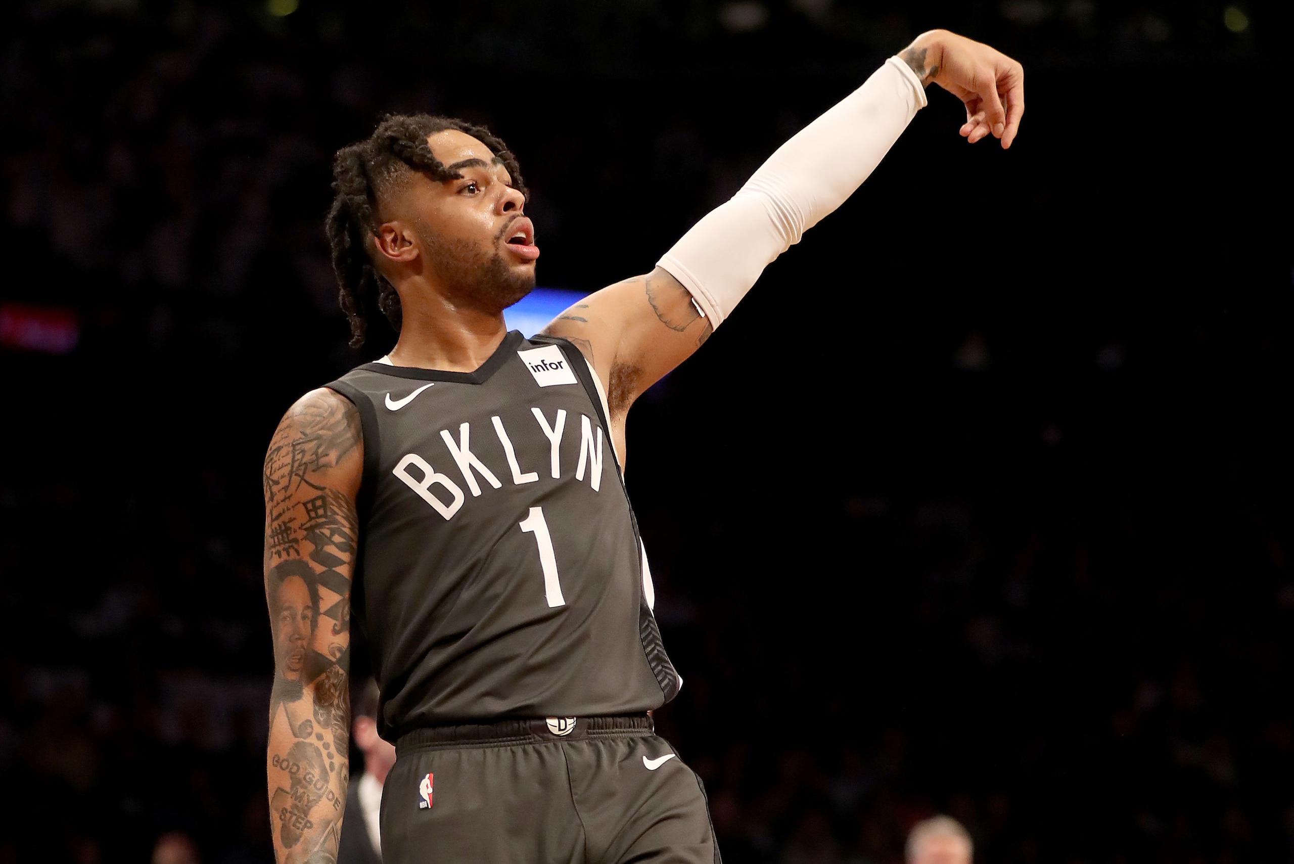 NEW YORK, NEW YORK - APRIL 20:  D'Angelo Russell #1 of the Brooklyn Nets shoots a three point shot in the first half against the Philadelphia 76ers at Barclays Center on April 20, 2019 in the Brooklyn borough of New York City. NOTE TO USER: User expressly