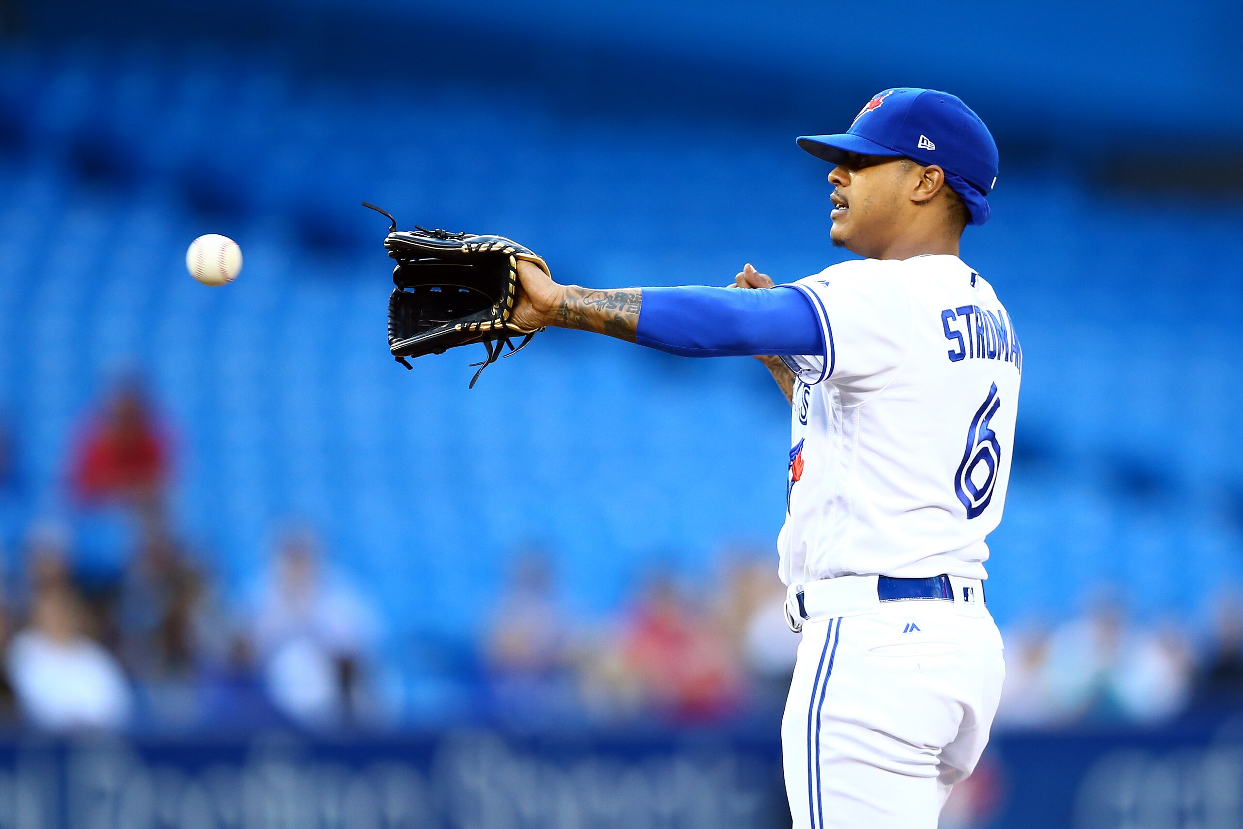 TORONTO, ON - JUNE 18:  Marcus Stroman #6 of the Toronto Blue Jays pitches in the fifth inning during a MLB game against the Los Angeles Angels of Anaheim at Rogers Centre on June 18, 2019 in Toronto, Canada.  (Photo by Vaughn Ridley/Getty Images)