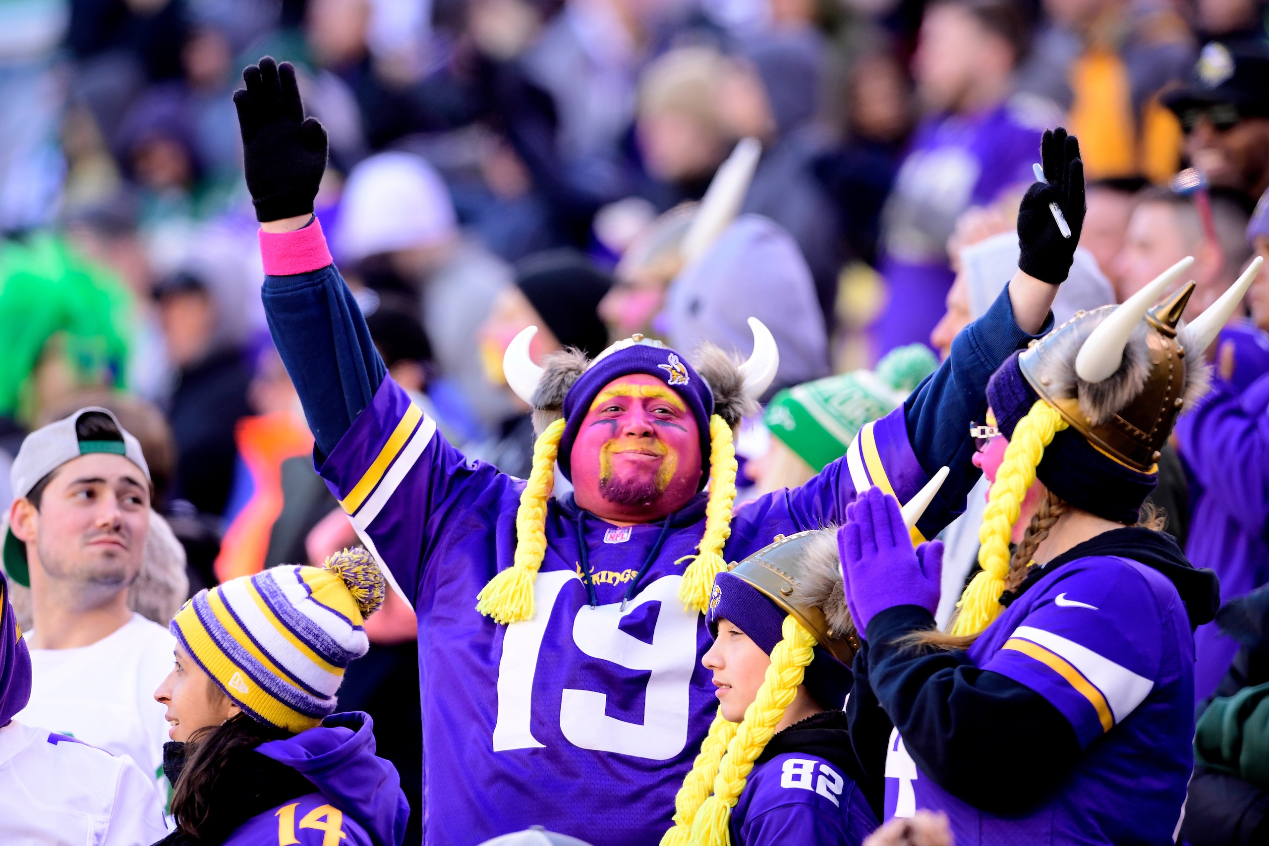 EAST RUTHERFORD, NJ - OCTOBER 21:  A Minnesota Vikings fan cheers on his team against the New York Jets at MetLife Stadium on October 21, 2018 in East Rutherford, New Jersey. The Vikings defeated the Jets 37-17.  (Photo by Steven Ryan/Getty Images)