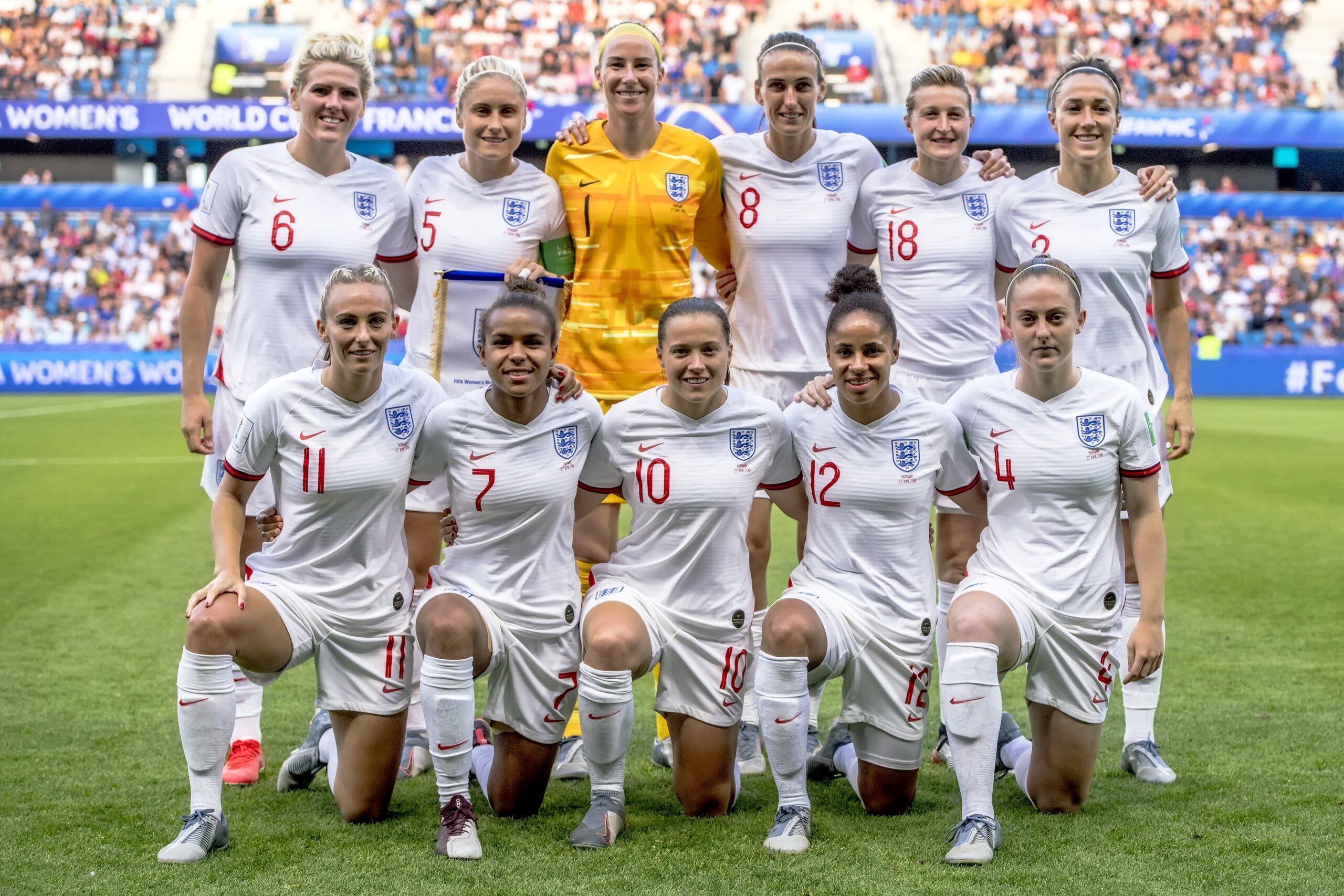LE HAVRE, FRANCE - JUNE 27: TOP Millie Bright of England Women, Steph Houghton of England Women, Karen Bardsley of England Women, Jill Scott of England Women, Ellen White of England Women, Lucy Bronze of England Women BELOW Tony Duggan of England Women, N