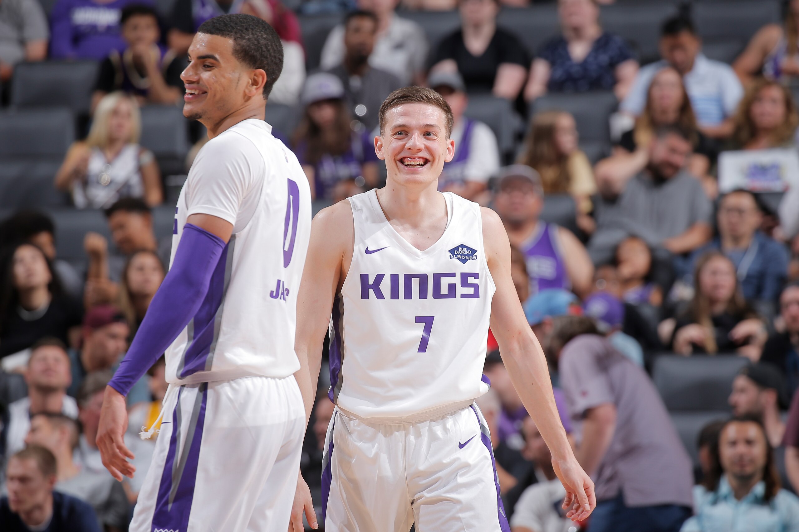 SACRAMENTO, CA - JULY 1: Justin James #0 and Kyle Guy #7 of Sacramento Kings smile during the game against the Golden State Warriors on July 1, 2019 at the Golden 1 Center, in Phoenix, Arizona. NOTE TO USER: User expressly acknowledges and agrees that, by