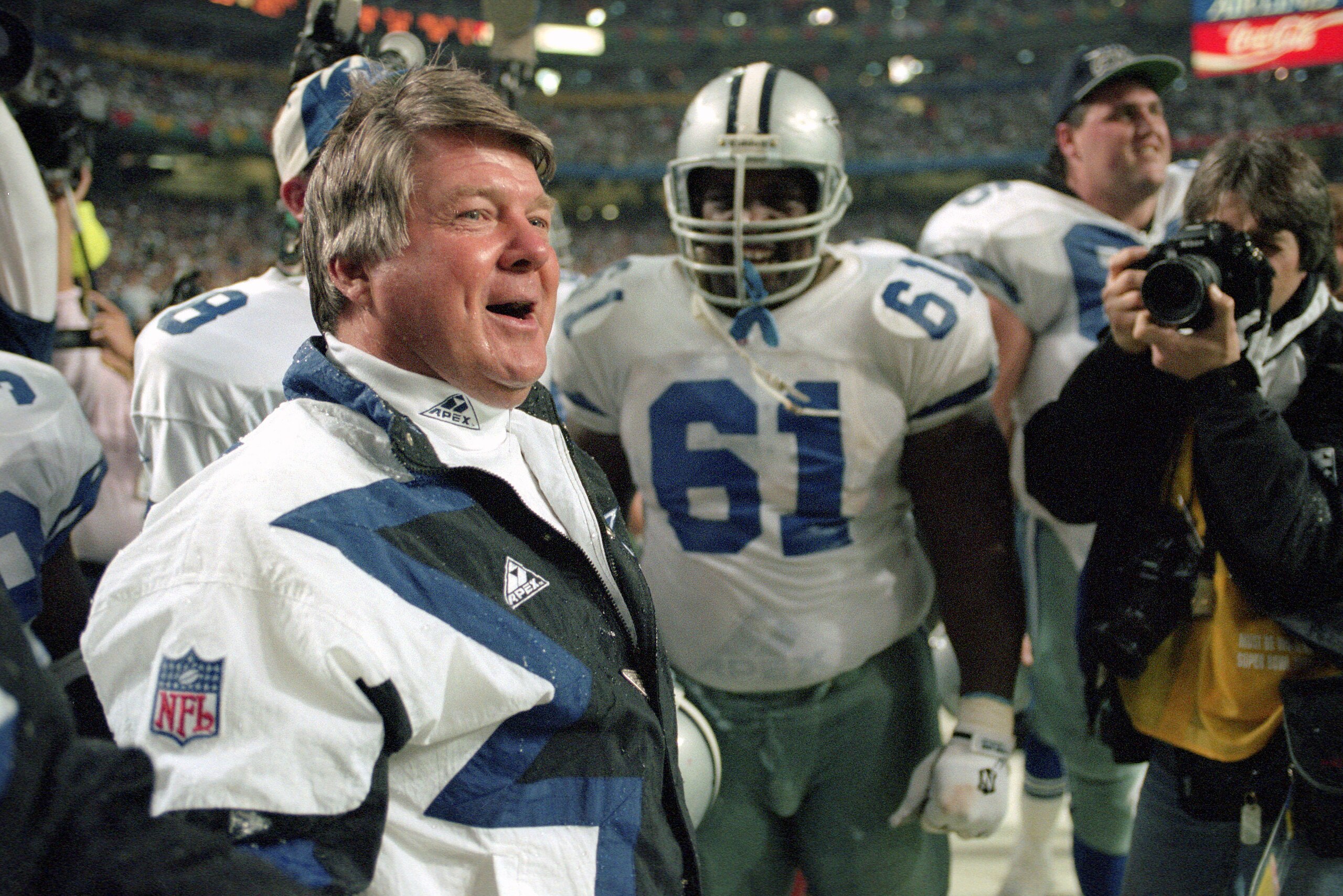 ATLANTA, GA - JANUARY 30:  Head coach Jimmy Johnson of the Dallas Cowboys celebrates as they defeat the Buffalo Bill in Super Bowl XXVIII on January 30, 1994 at the Georgia Dome in Atlanta, Georgia. The Cowboys won the Super Bowl 30 -13. (Photo by Focus o