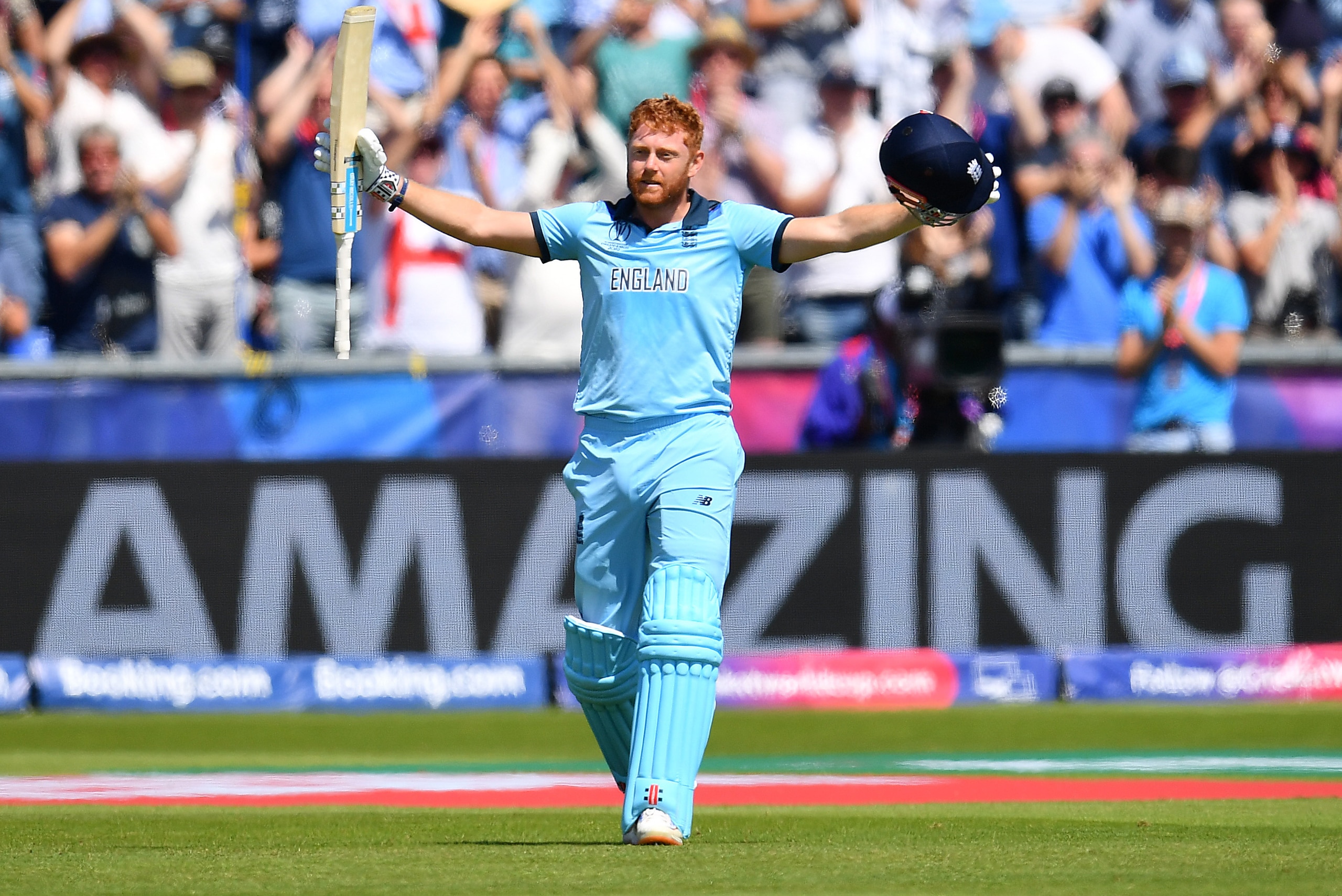 CHESTER-LE-STREET, ENGLAND - JULY 03:  Jonny Bairstow of England celebrates his century during the Group Stage match of the ICC Cricket World Cup 2019 between England and New Zealand at Emirates Riverside on July 03, 2019 in Chester-le-Street, England. (P