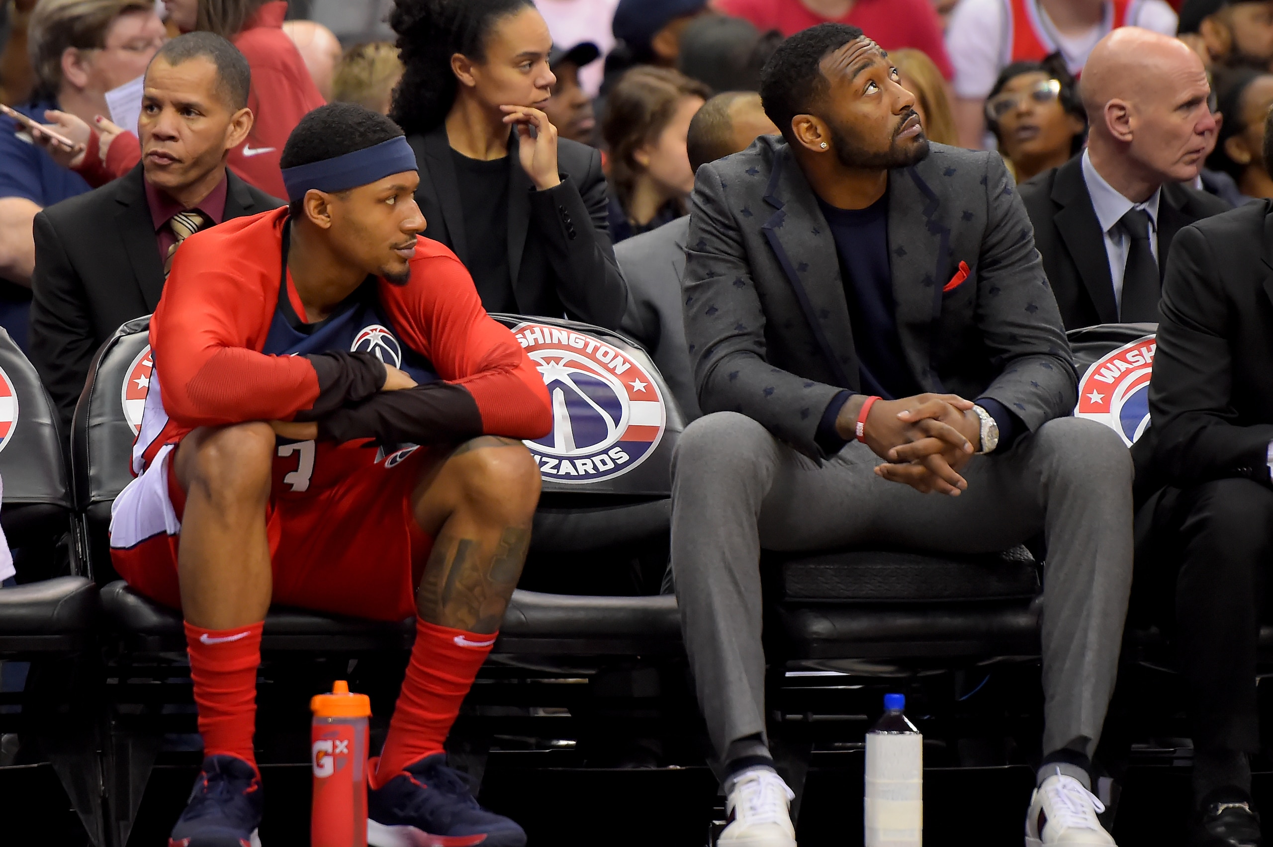 WASHINGTON, DC - DECEMBER 29: Bradley Beal #3 of the Washington Wizards and John Wall #2 of the Washington Wizards sit on the bench during the first half against the Charlotte Hornets at Capital One Arena on December 29, 2018 in Washington, DC. NOTE TO US WASHINGTON, DC - DECEMBER 29: Bradley Beal #3 of the Washington Wizards and John Wall #2 of the Washington Wizards sit on the bench during the first half against the Charlotte Hornets at Capital One Arena on December 29, 2018 in Washington, DC. NOTE TO US