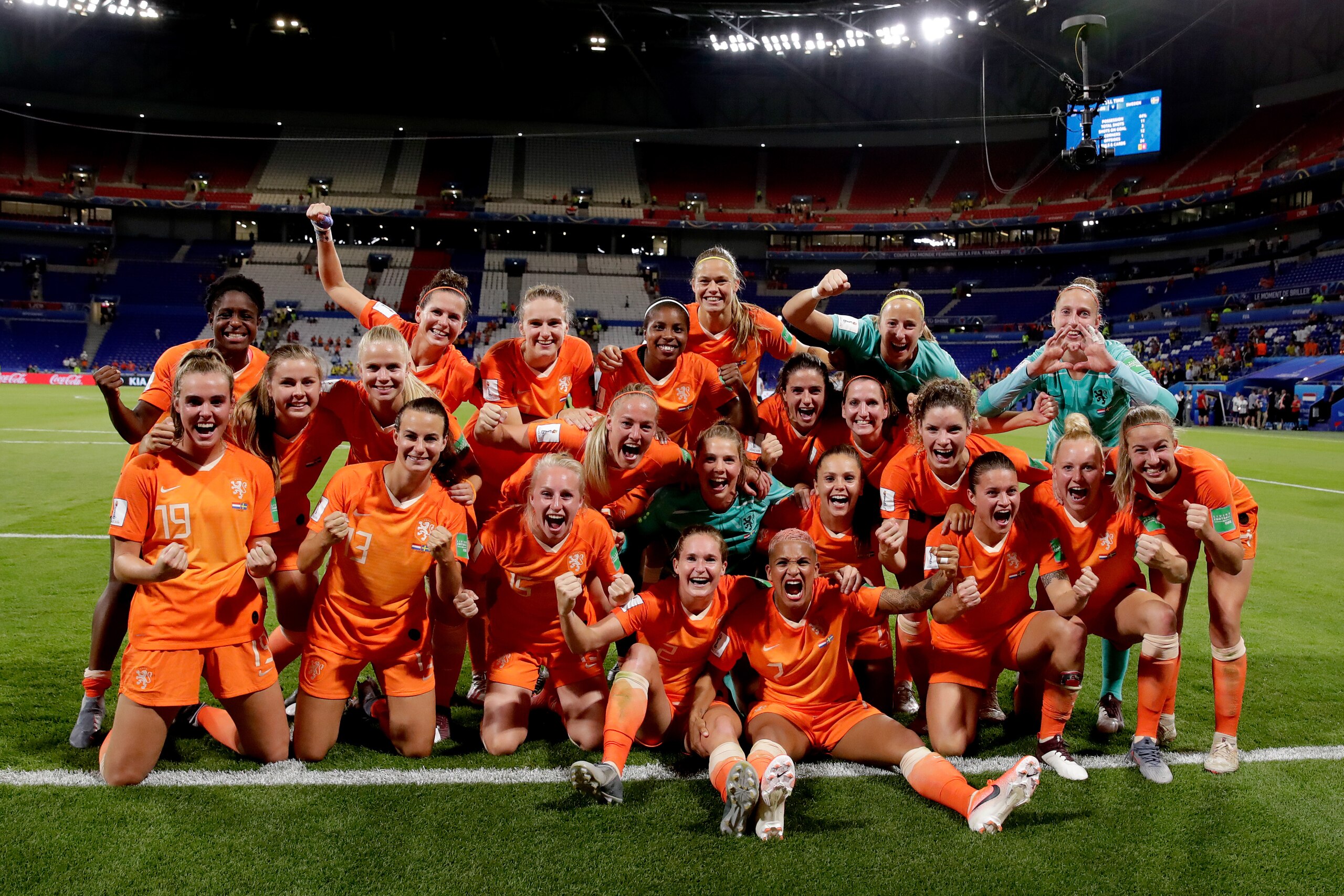 LYON, FRANCE - JULY 3: (L-R) Kika van Es of Holland Women, Victoria Pelova of Holland Women, Jill Roord of Holland Women, Merel van Dongen of Holland Women, Renate Jansen of Holland Women, Stefanie van der Gragt of Holland Women, Inessa Kaagman of Holland