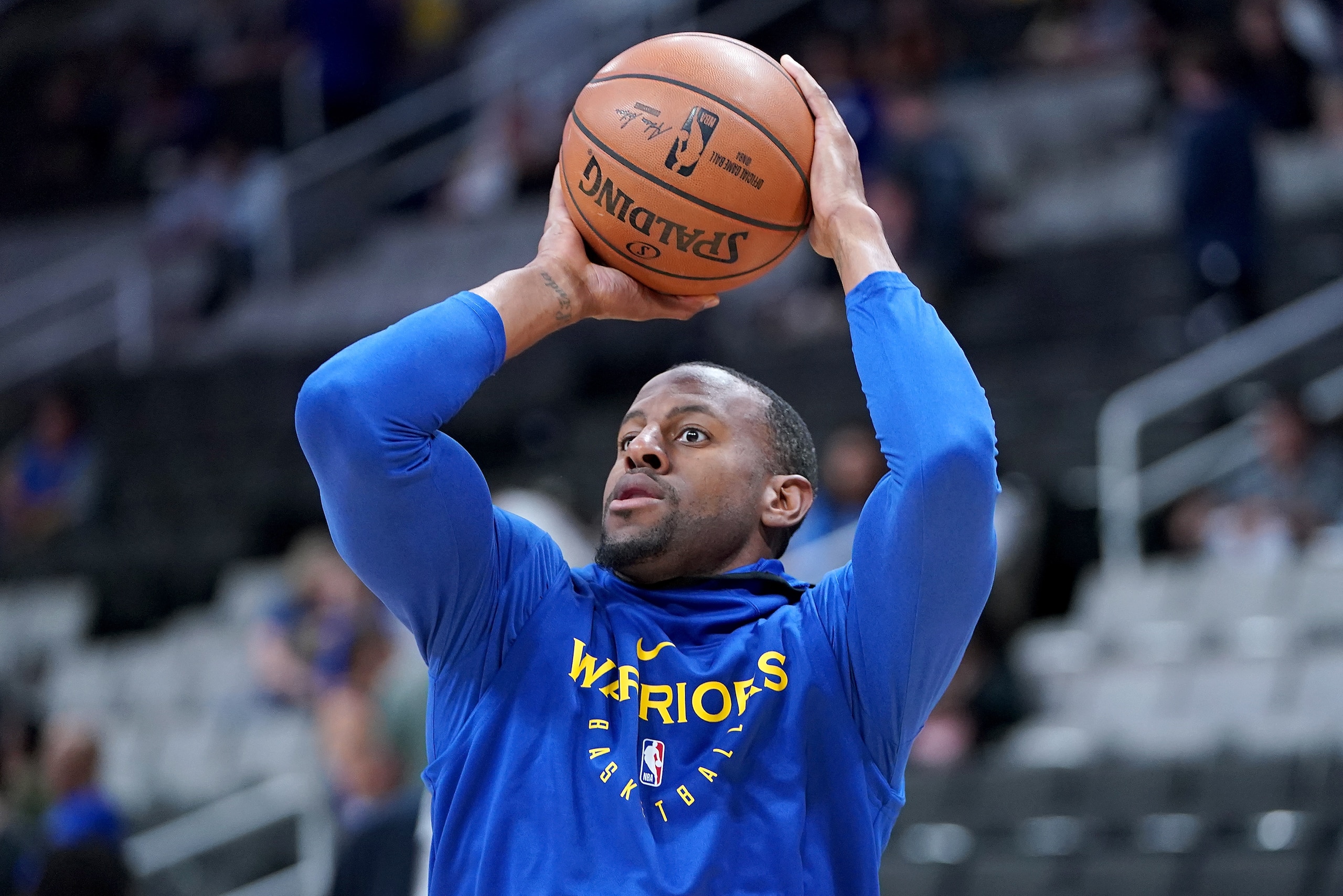 SAN JOSE, CA - OCTOBER 12: Andre Iguodala #9 of the Golden State Warriors warms up prior to the start of an NBA basketball game against the Los Angeles Lakers at SAP Center on October 12, 2018 in San Jose, California. NOTE TO USER: User expressly acknowl SAN JOSE, CA - OCTOBER 12: Andre Iguodala #9 of the Golden State Warriors warms up prior to the start of an NBA basketball game against the Los Angeles Lakers at SAP Center on October 12, 2018 in San Jose, California. NOTE TO USER: User expressly acknowl