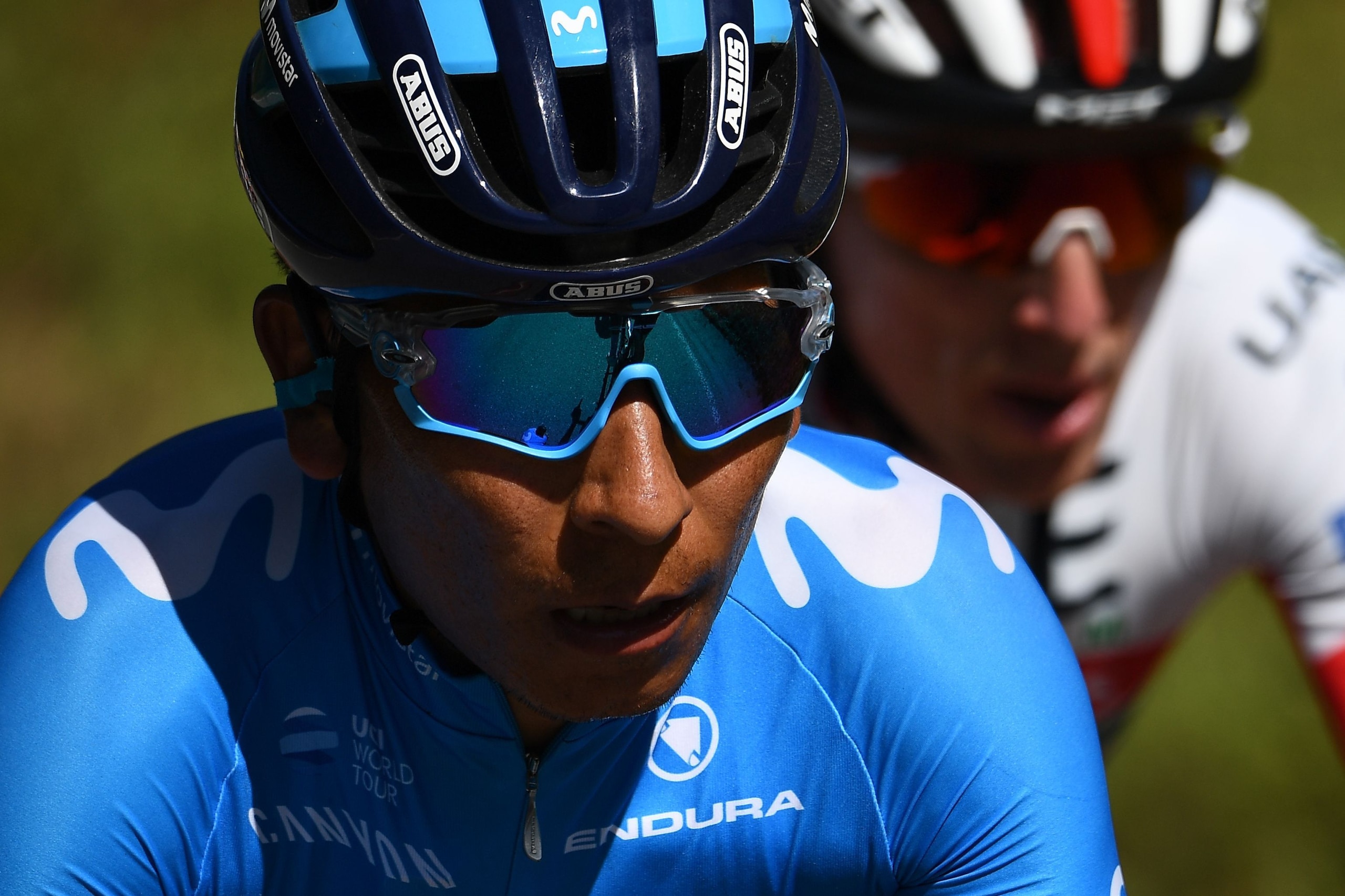 Movistar Team rider Colombia's Nairo Quintana rides during the eighth and last stage of the 71st edition of the Criterium du Dauphine cycling race, 113,5 km between Cluses and Champery on June 16, 2019. (Photo by Anne-Christine POUJOULAT / AFP)        (Ph