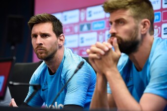 Barcelona's Argentinian forward Lionel Messi and Barcelona's Spanish defender Gerard Pique hold a press conference at the Joan Gamper Sports City in Sant Joan Despi near Barcelona on May 24, 2019 on the eve of the 2019 Copa del Rey (King's Cup) final foot