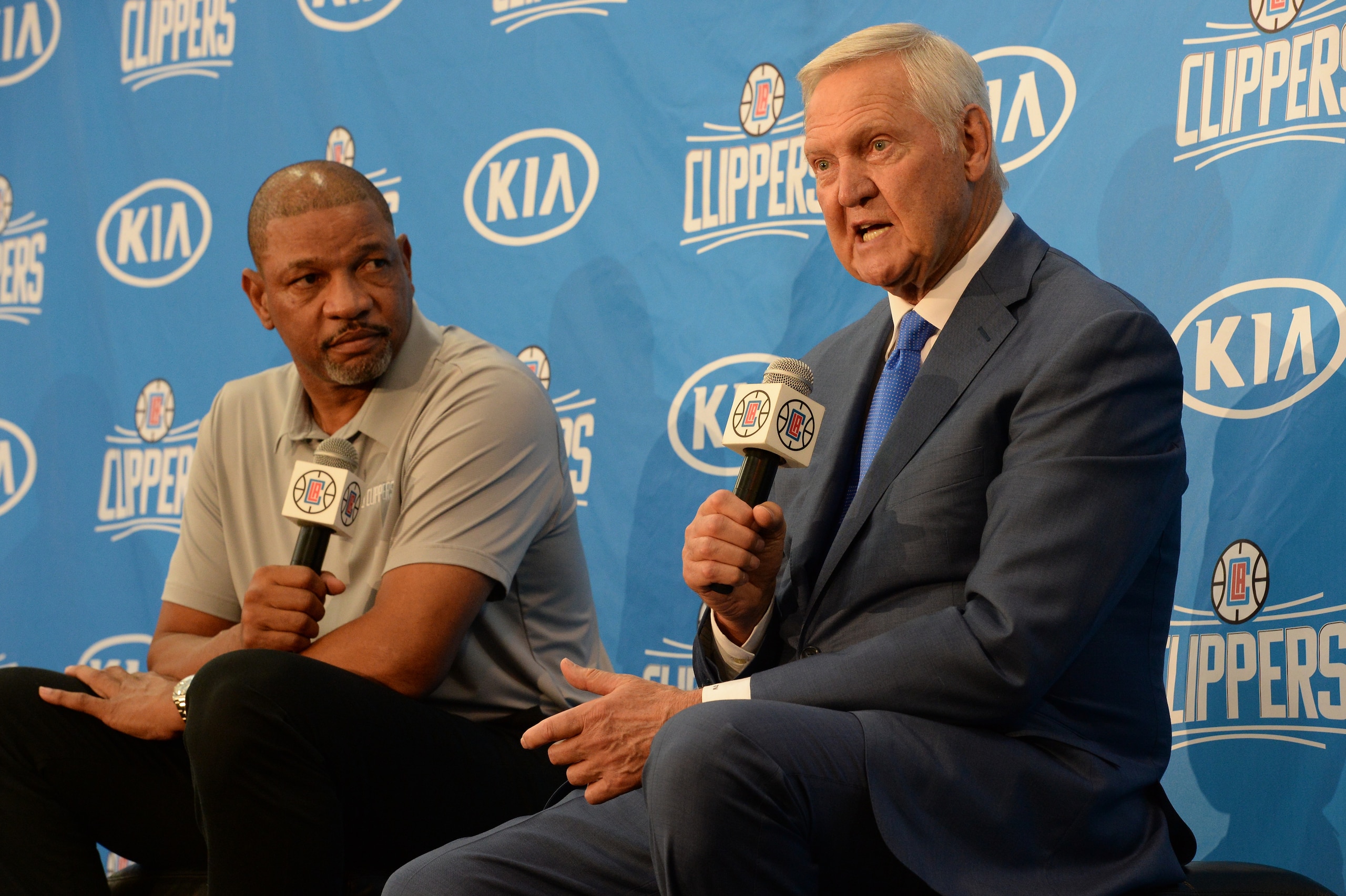 PLAYA VISTA, CA- JUNE 19: Head Coach Doc Rivers of the Los Angeles Clippers name Jerry West as Special Consultant at a press conference in Playa Vista, California. NOTE TO USER: User expressly acknowledges and agrees that, by downloading and or using th PLAYA VISTA, CA- JUNE 19: Head Coach Doc Rivers of the Los Angeles Clippers name Jerry West as Special Consultant at a press conference in Playa Vista, California. NOTE TO USER: User expressly acknowledges and agrees that, by downloading and or using th