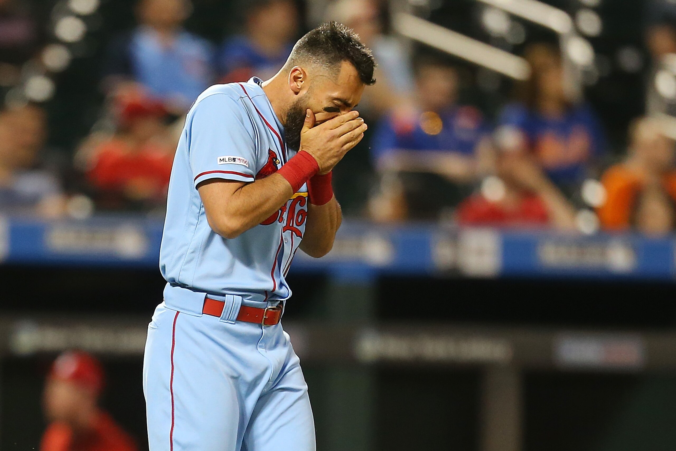 NEW YORK, NEW YORK - JUNE 15:  Matt Carpenter #13 of the St. Louis Cardinals reacts after striking out with the bases loaded in the eighth inning against the New York Mets at Citi Field on June 15, 2019 in New York City. (Photo by Mike Stobe/Getty Images)