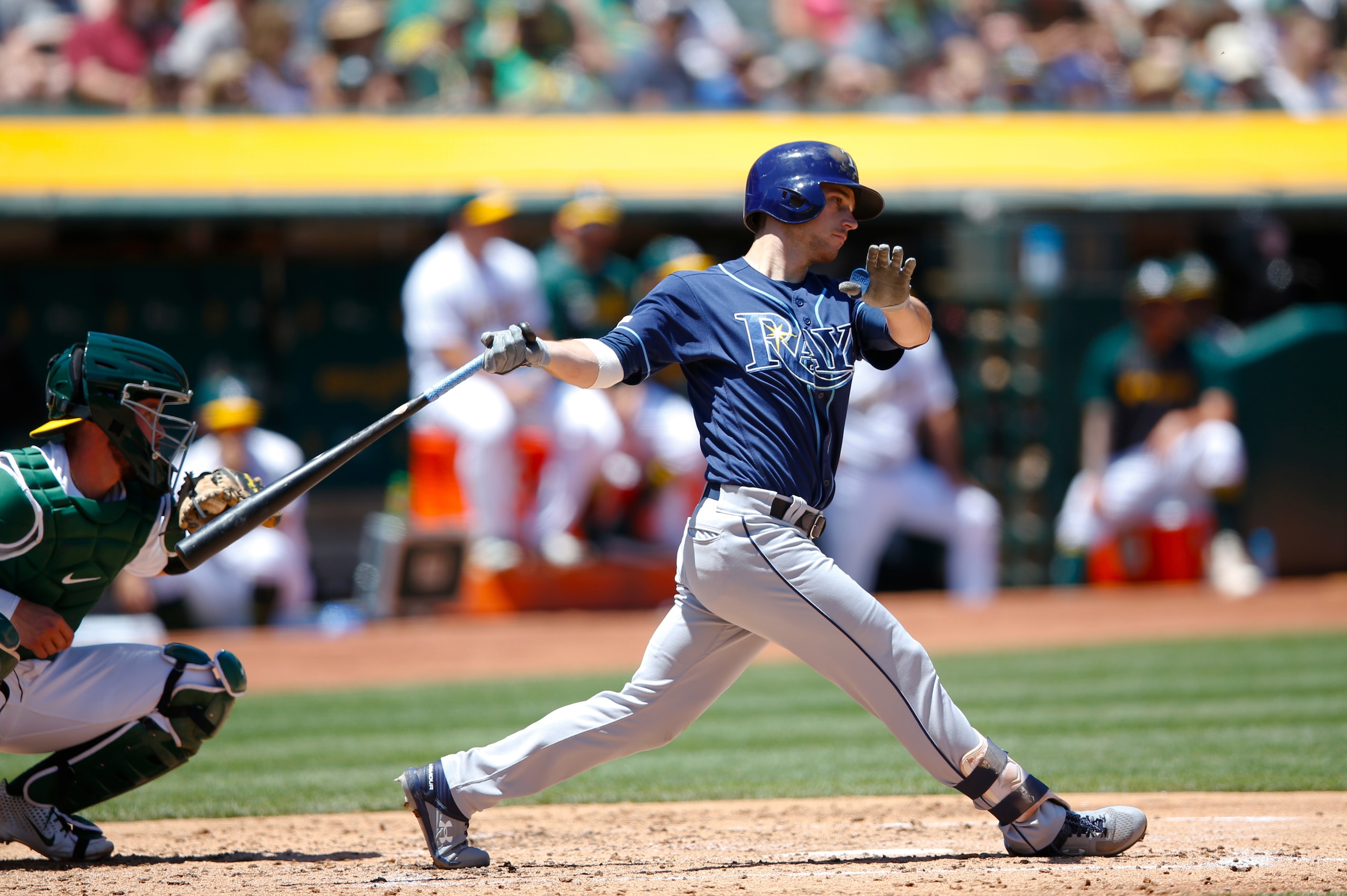 OAKLAND, CA - JUNE 22: Brandon Lowe #8 of the Tampa Bay Rays bats during the game against the Oakland Athletics at the Oakland-Alameda County Coliseum on June 22, 2019 in Oakland, California. The Athletics defeated the Rays 4-2. (Photo by Michael Zagaris/