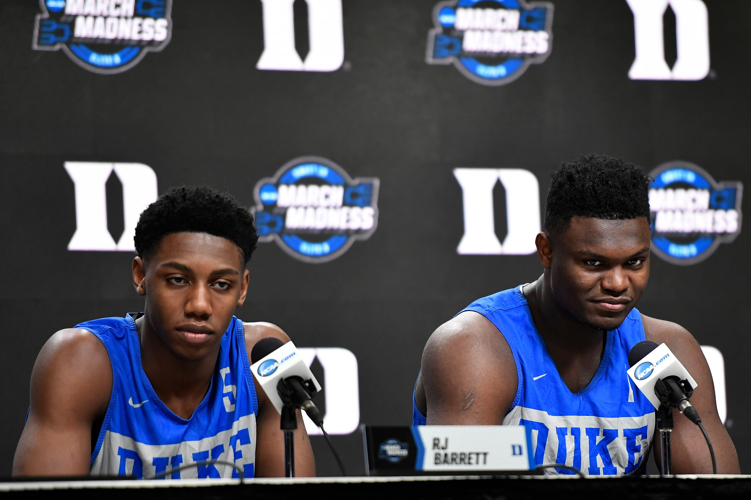 WASHINGTON, DC - MARCH 28: RJ Barrett (L) and Zion Williamson of the Duke Blue Devils address the media ahead of the 2019 NCAA Men's Basketball Tournament East Regional at Capital One Arena on March 28, 2019 in Washington, DC. (Photo by Lance King/Getty I WASHINGTON, DC - MARCH 28: RJ Barrett (L) and Zion Williamson of the Duke Blue Devils address the media ahead of the 2019 NCAA Men's Basketball Tournament East Regional at Capital One Arena on March 28, 2019 in Washington, DC. (Photo by Lance King/Getty I