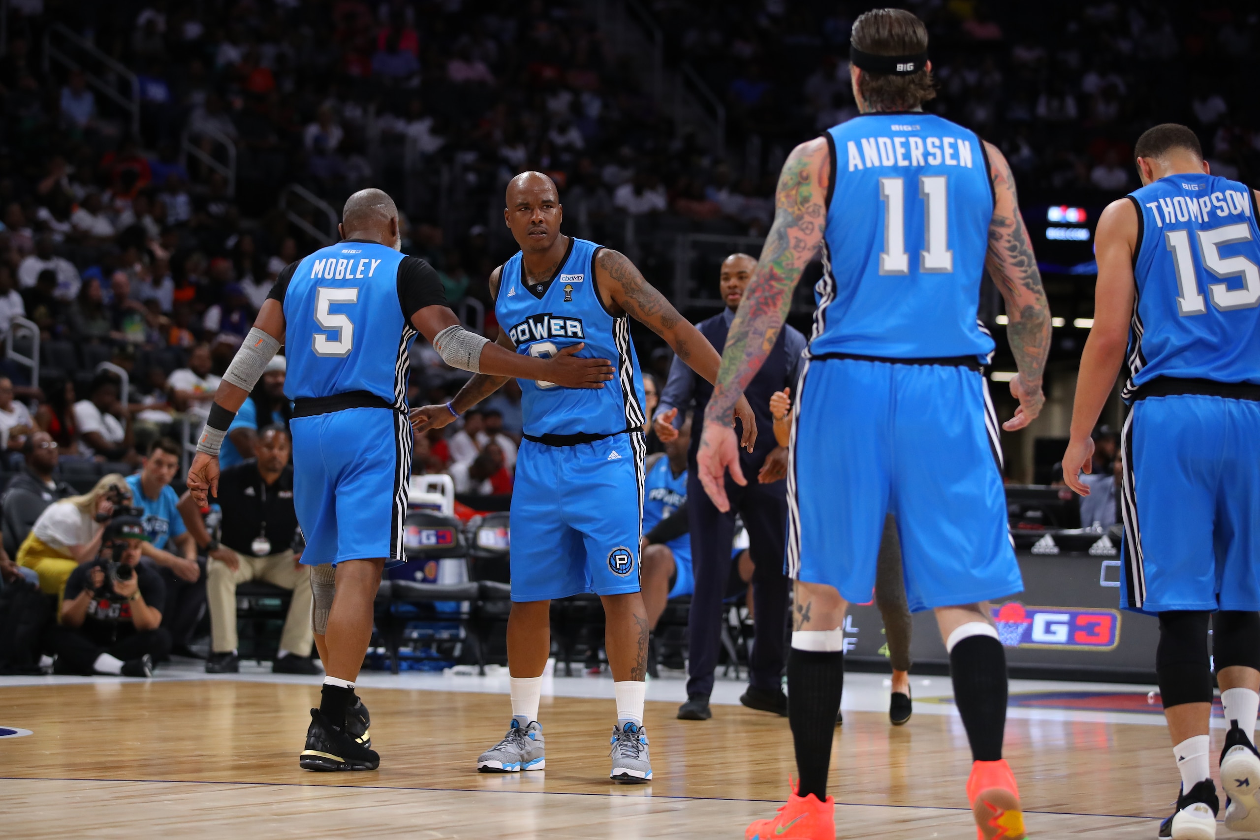 DETROIT, MI - JUNE 22: Quentin Richardson #3 of Power and Cuttino Mobley #5 of Power during a timeout during week one of the BIG3 three on three basketball league at Little Caesars Arena on June 22, 2019 in Detroit, Michigan. (Photo by Gregory Shamus/Big3 DETROIT, MI - JUNE 22: Quentin Richardson #3 of Power and Cuttino Mobley #5 of Power during a timeout during week one of the BIG3 three on three basketball league at Little Caesars Arena on June 22, 2019 in Detroit, Michigan. (Photo by Gregory Shamus/Big3