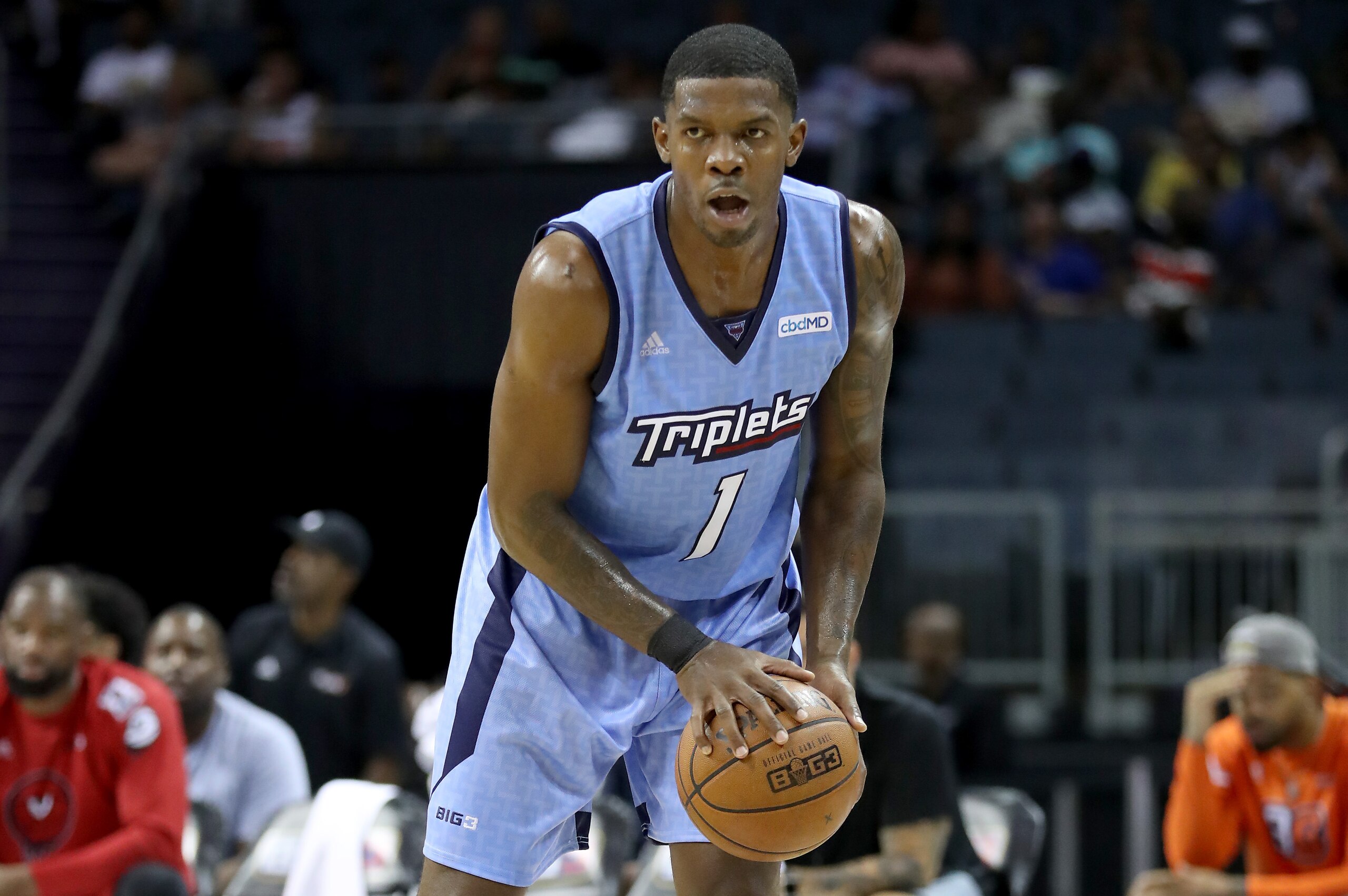 CHARLOTTE, NORTH CAROLINA - JUNE 29: Joe Johnson #1 of Triplets drives to the basket against Trilogy during week two of the BIG3 three on three basketball league at Spectrum Center on June 29, 2019 in Charlotte, North Carolina. (Photo by Streeter Lecka/BI CHARLOTTE, NORTH CAROLINA - JUNE 29: Joe Johnson #1 of Triplets drives to the basket against Trilogy during week two of the BIG3 three on three basketball league at Spectrum Center on June 29, 2019 in Charlotte, North Carolina. (Photo by Streeter Lecka/BI
