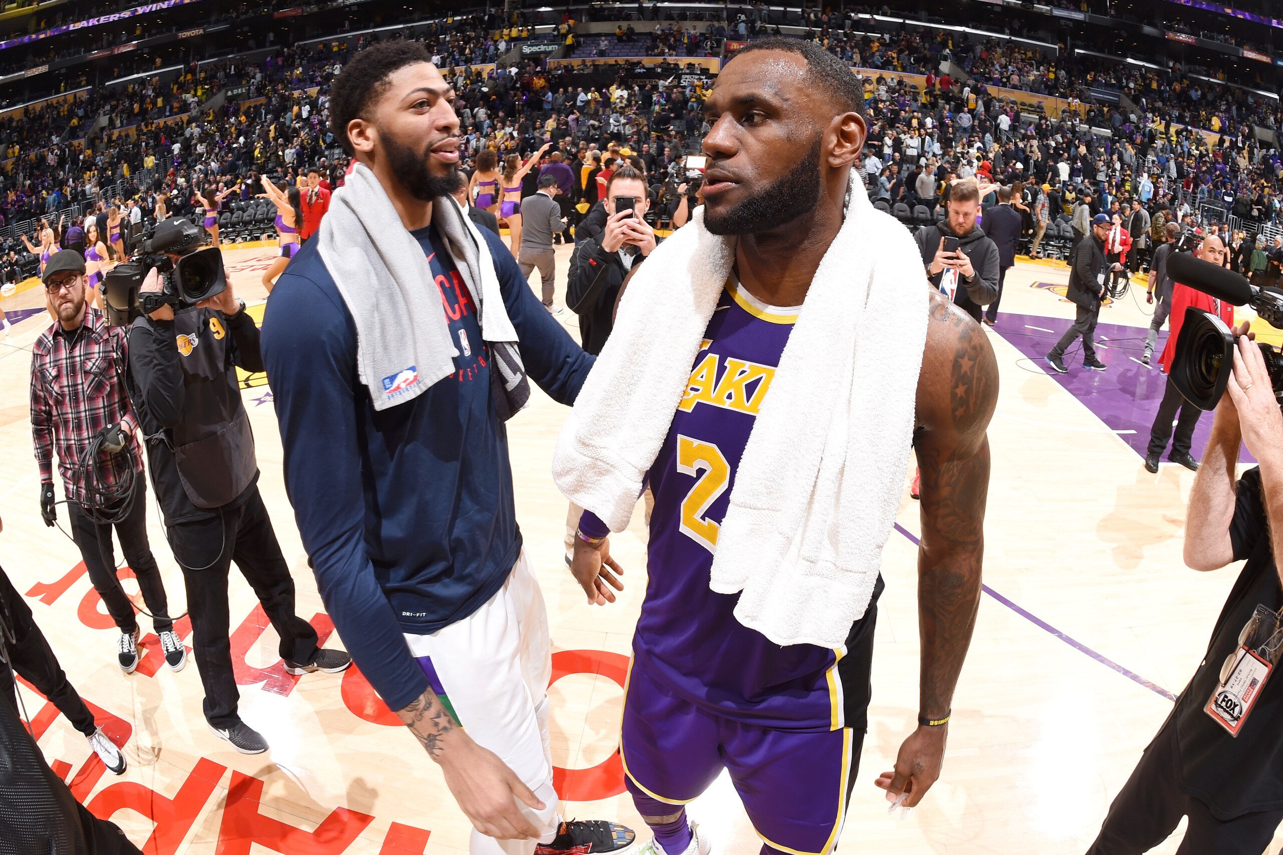 LOS ANGELES, CA - FEBRUARY 27:  Anthony Davis #23 of the New Orleans Pelicans greets LeBron James #23 of the Los Angeles Lakers after the game on February 27, 2019 at STAPLES Center in Los Angeles, California. NOTE TO USER: User expressly acknowledges and