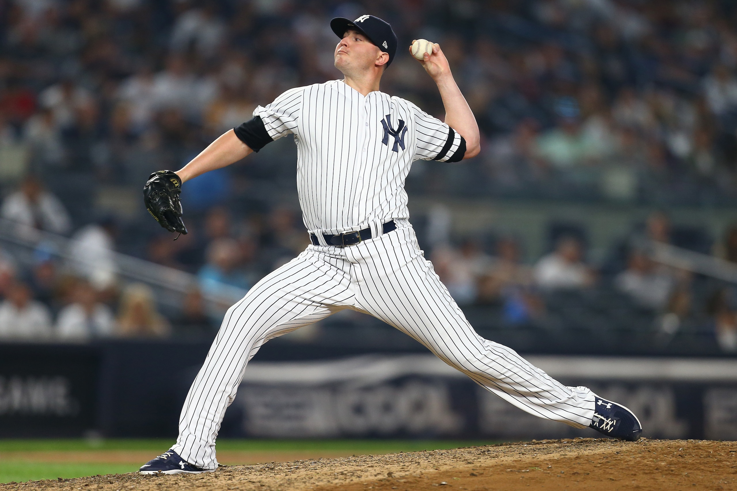 NEW YORK, NEW YORK - JUNE 01:  Zack Britton #53 of the New York Yankees in action against the Boston Red Sox at Yankee Stadium on June 01, 2019 in New York City. New York Yankees defeated the Boston Red Sox 5-3. (Photo by Mike Stobe/Getty Images)