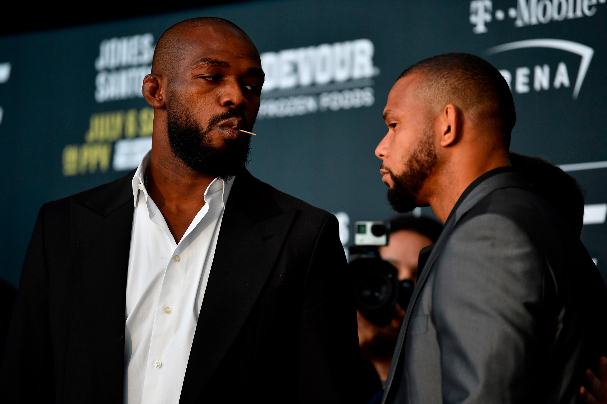 LAS VEGAS, NEVADA - JULY 04:  (L-R) Jon Jones and Thiago Santos of Brazil face off during the UFC 239 Ultimate Media Day at T-Mobile Arena on July 4, 2019 in Las Vegas, Nevada. (Photo by Jeff Bottari/Zuffa LLC/Zuffa LLC via Getty Images)