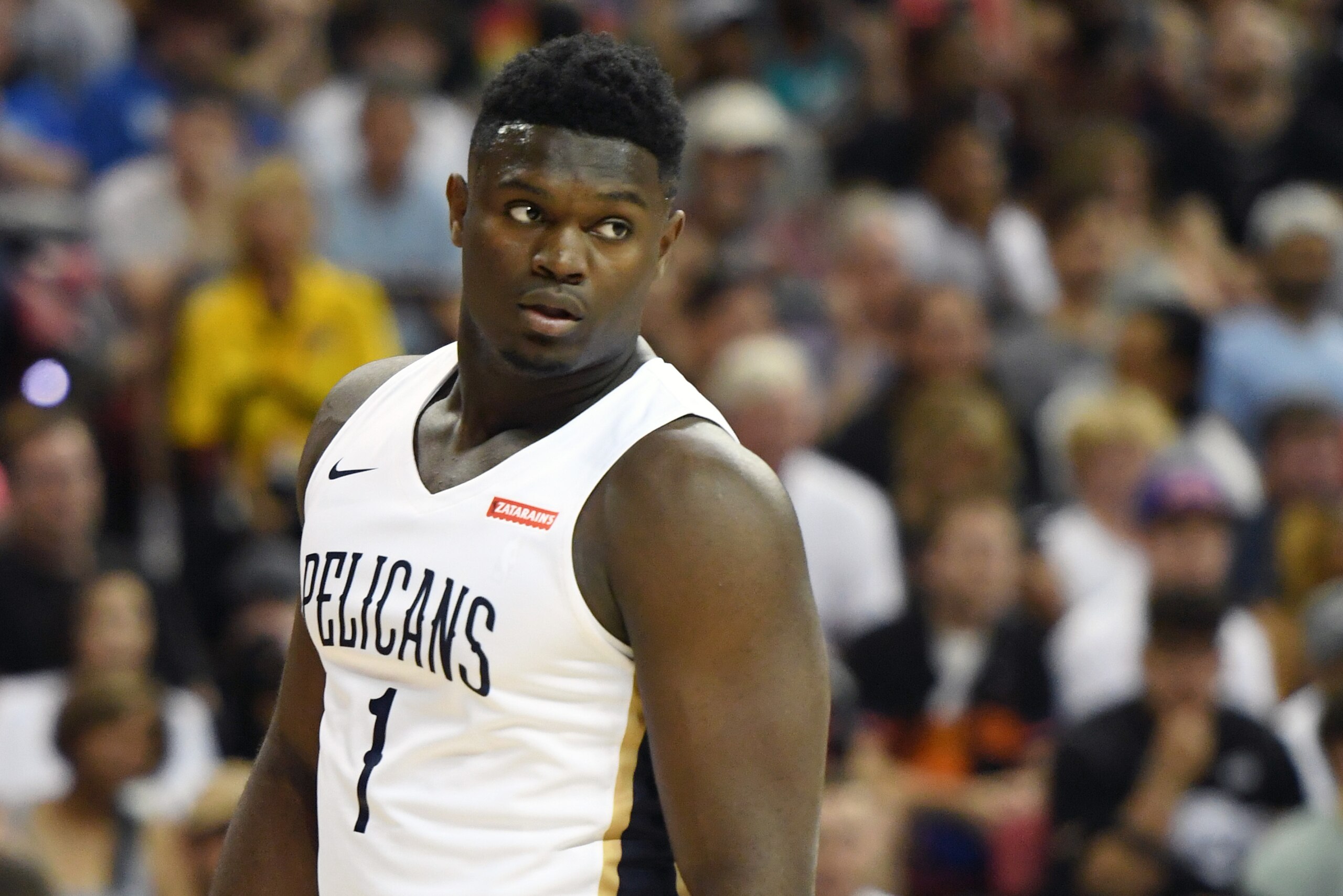 LAS VEGAS, NEVADA - JULY 05:  Zion Williamson #1 of the New Orleans Pelicans walks on the court during a game against the New York Knicks during the 2019 NBA Summer League at the Thomas & Mack Center on July 5, 2019 in Las Vegas, Nevada. NOTE TO USER: Use