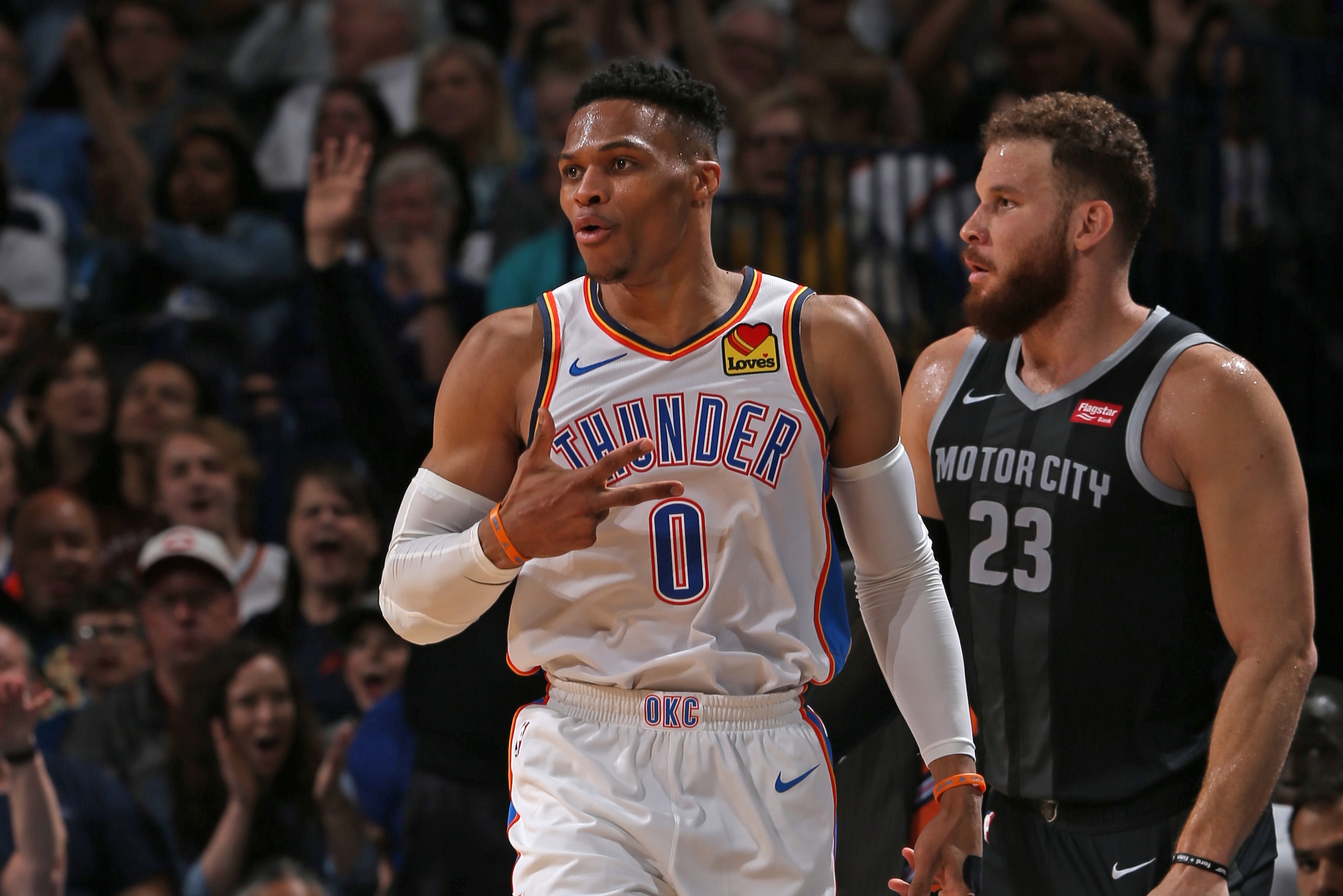 OKLAHOMA CITY, OK- APRIL 5:  Russell Westbrook #0 of the Oklahoma City Thunder reacts against the Detroit Pistons on April 5, 2019 at Chesapeake Energy Arena in Oklahoma City, Oklahoma. NOTE TO USER: User expressly acknowledges and agrees that, by downloa
