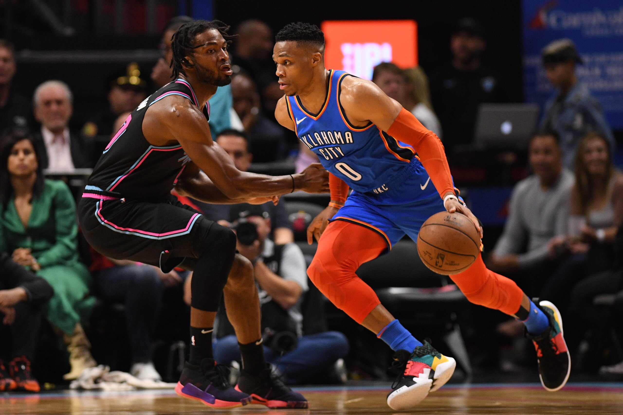 MIAMI, FL - FEBRUARY 01: Russell Westbrook #0 of the Oklahoma City Thunder in action against the Miami Heat at American Airlines Arena on February 1, 2019 in Miami, Florida. NOTE TO USER: User expressly acknowledges and agrees that, by downloading and or 