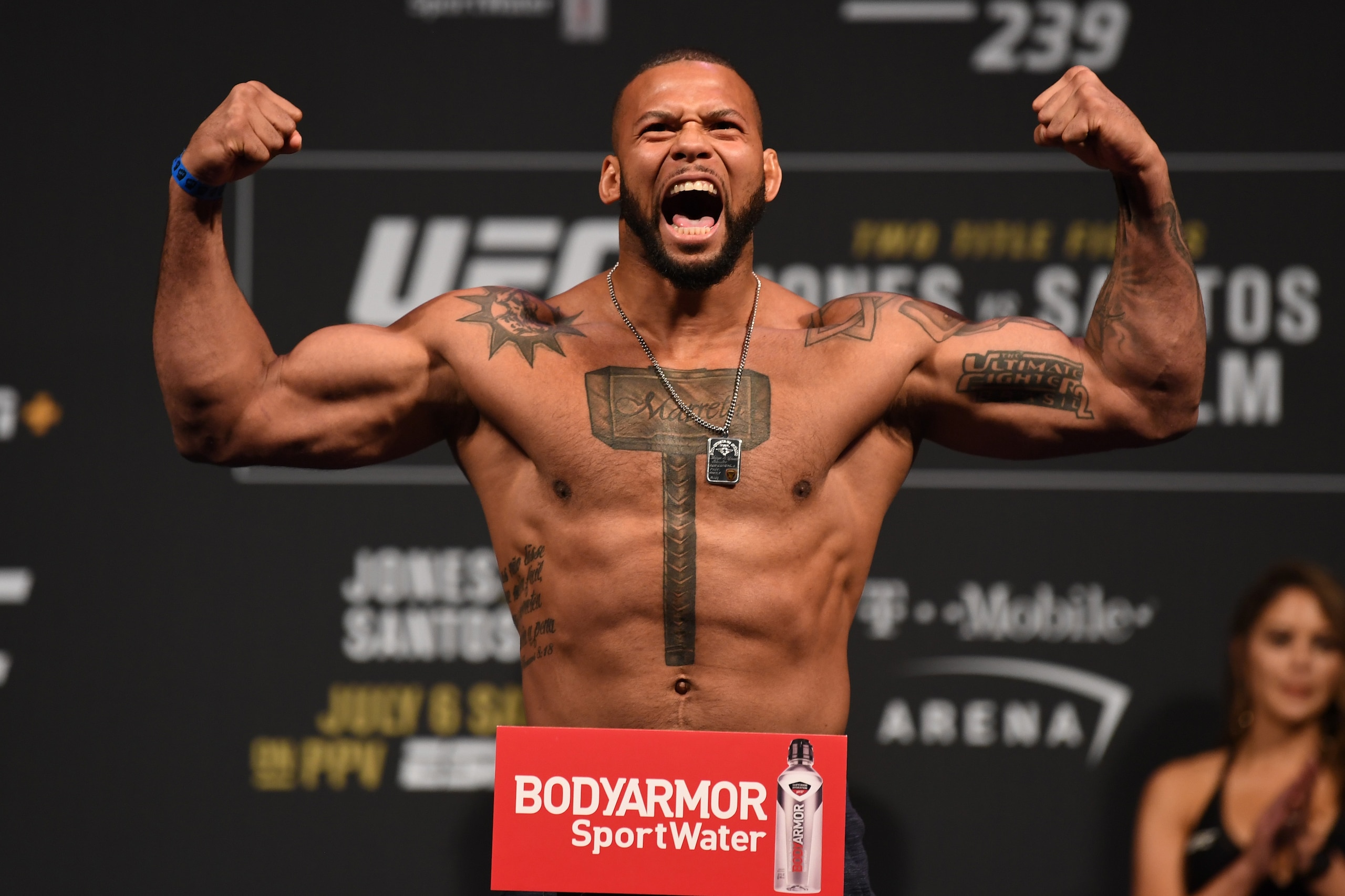 LAS VEGAS, NEVADA - JULY 05:  Thiago Santos of Brazil poses on the scale during the UFC 235 weigh-in at T-Mobile Arena on July 5, 2019 in Las Vegas, Nevada. (Photo by Josh Hedges/Zuffa LLC/Zuffa LLC via Getty Images)