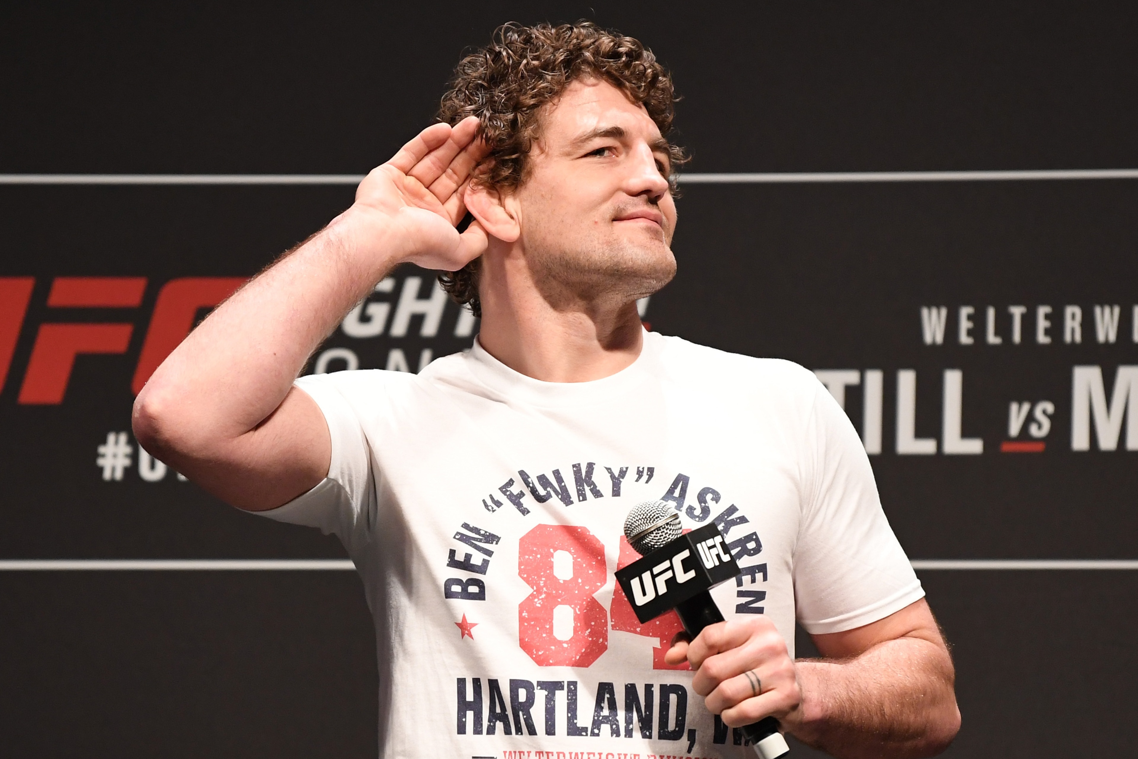 LONDON, ENGLAND - MARCH 15:  Ben Askren interacts with fans during a Q&A session before the UFC Fight Night weigh-in at The O2 on March 15, 2019 in London, England. (Photo by Jeff Bottari/Zuffa LLC/Zuffa LLC via Getty Images)